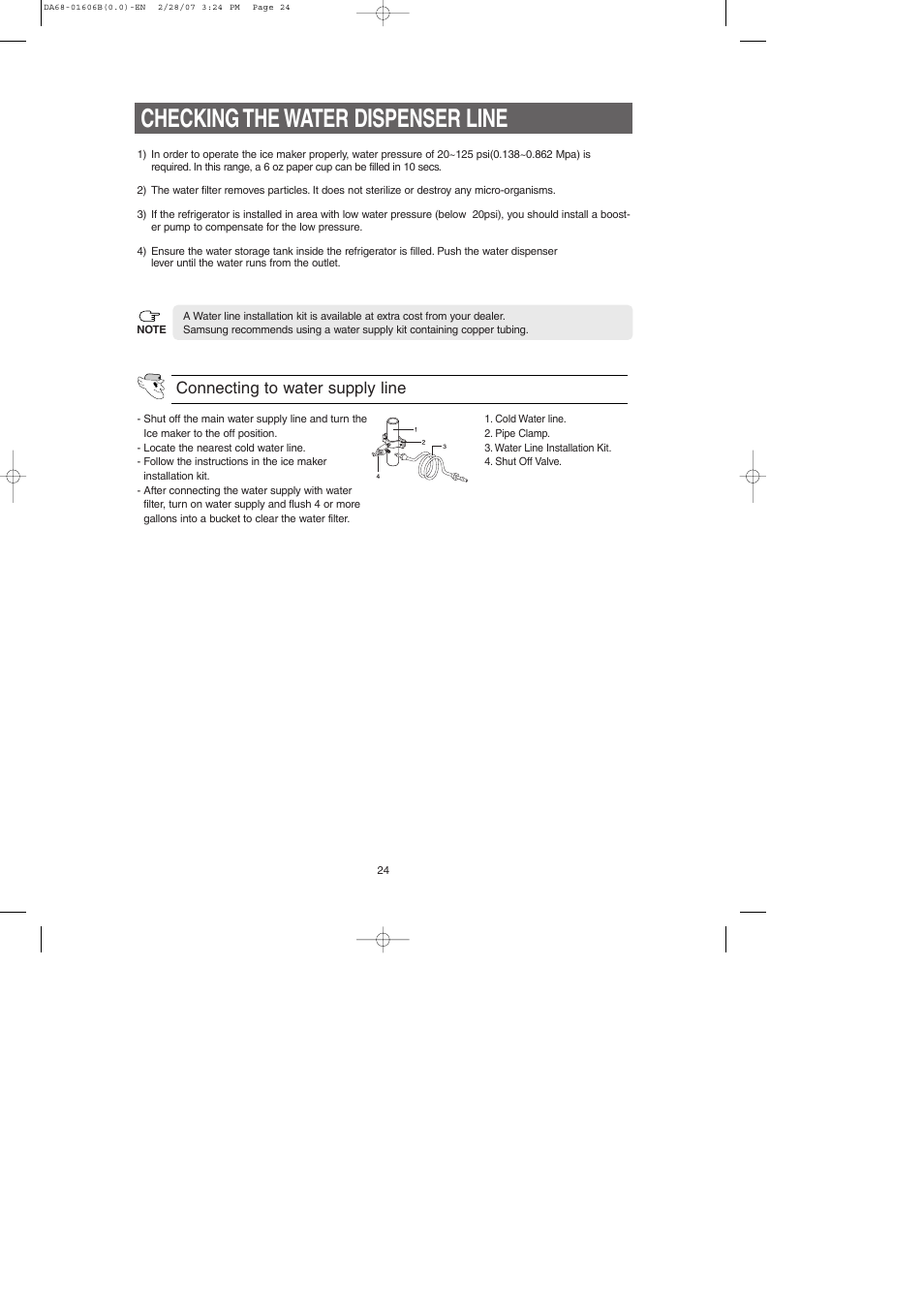 Checking the water dispenser line, Connecting to water supply line | Samsung RS2530BWP-XAC User Manual | Page 24 / 30