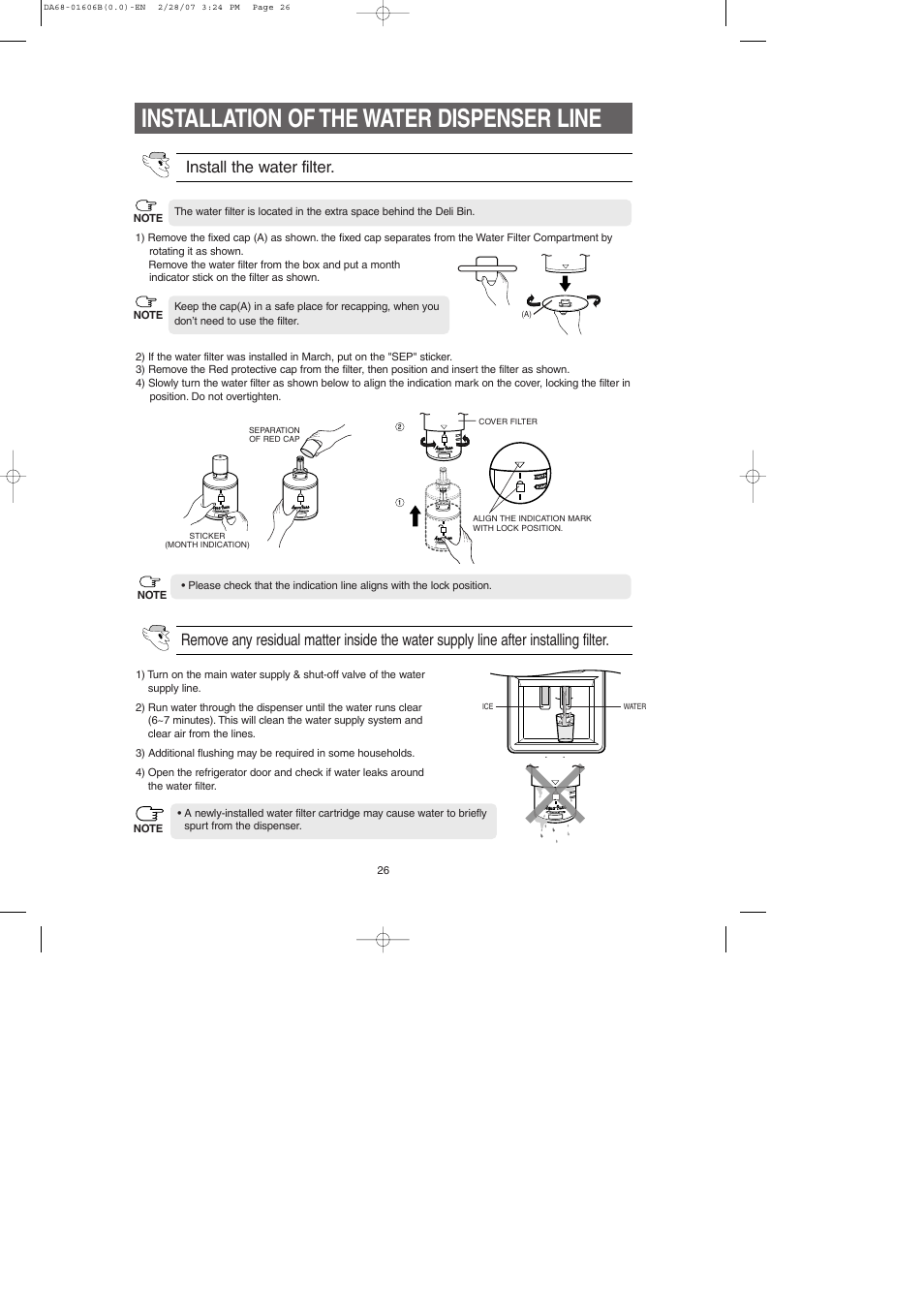 Installation of the water dispenser line | Samsung RS2530BWP-XAC User Manual | Page 26 / 30