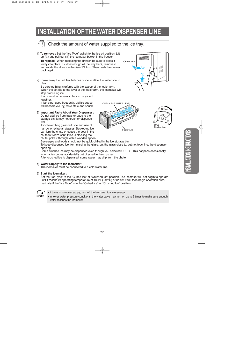 Inst alla tion instr uctions, Installation of the water dispenser line | Samsung RS2530BWP-XAC User Manual | Page 27 / 30