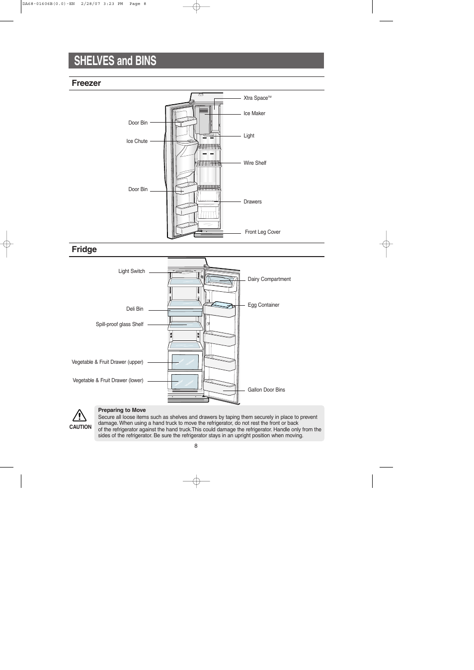 Shelves and bins, Freezer fridge | Samsung RS2530BWP-XAC User Manual | Page 8 / 30