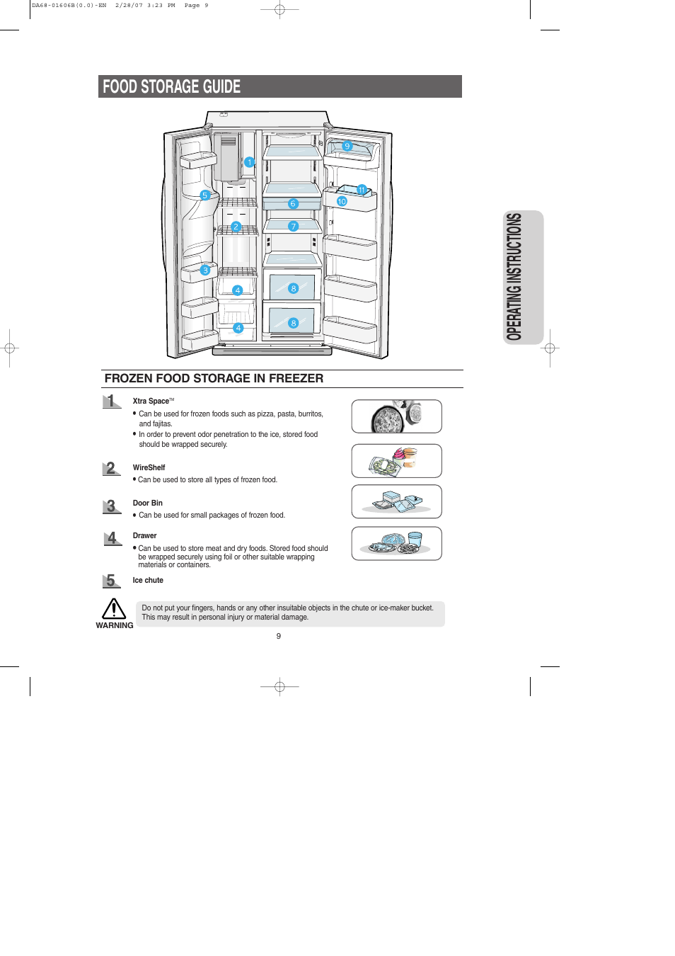 Food storage guide, Opera ting instr uctions | Samsung RS2530BWP-XAC User Manual | Page 9 / 30