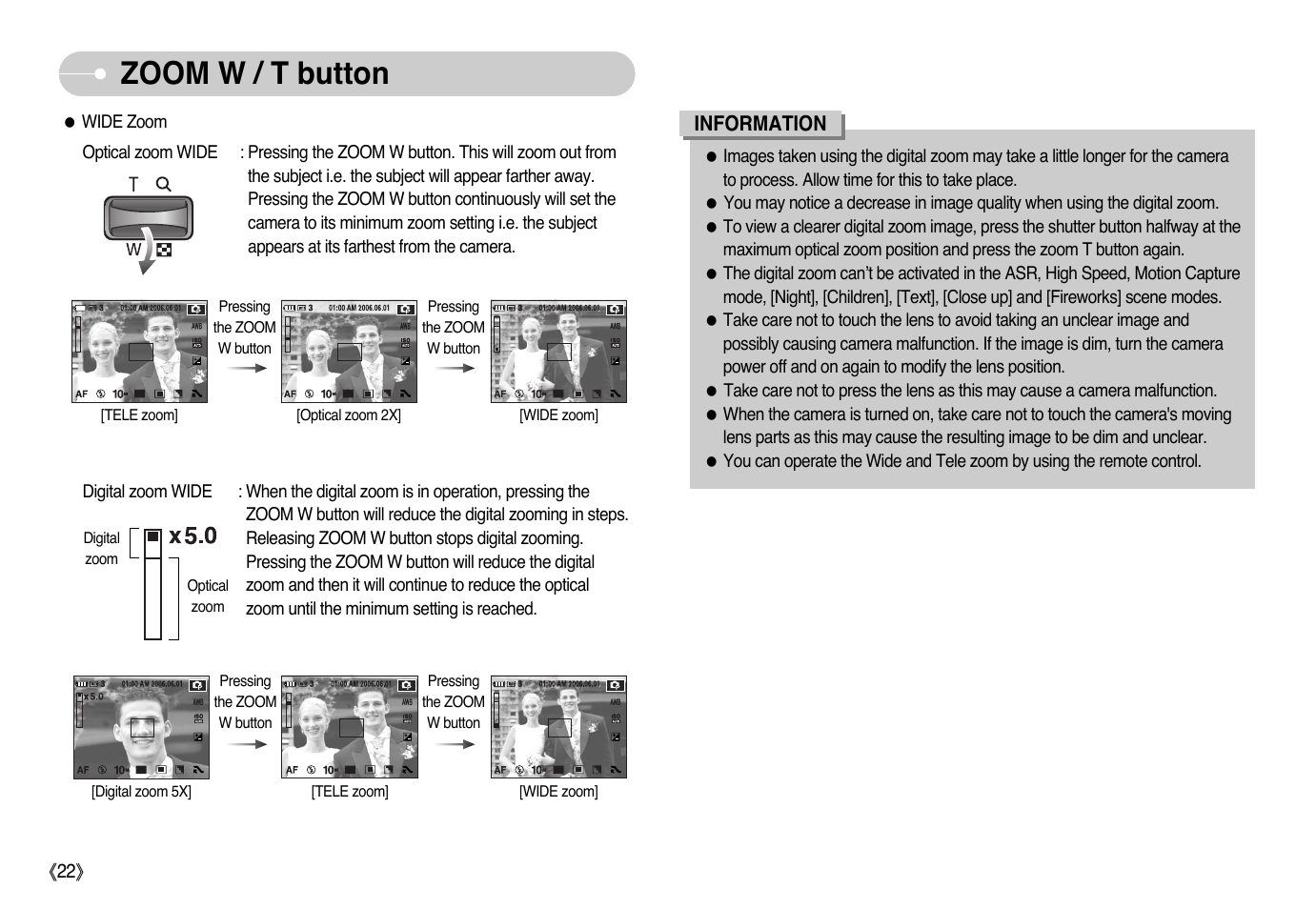 Zoom w / t button | Samsung NV10 User Manual | Page 23 / 74