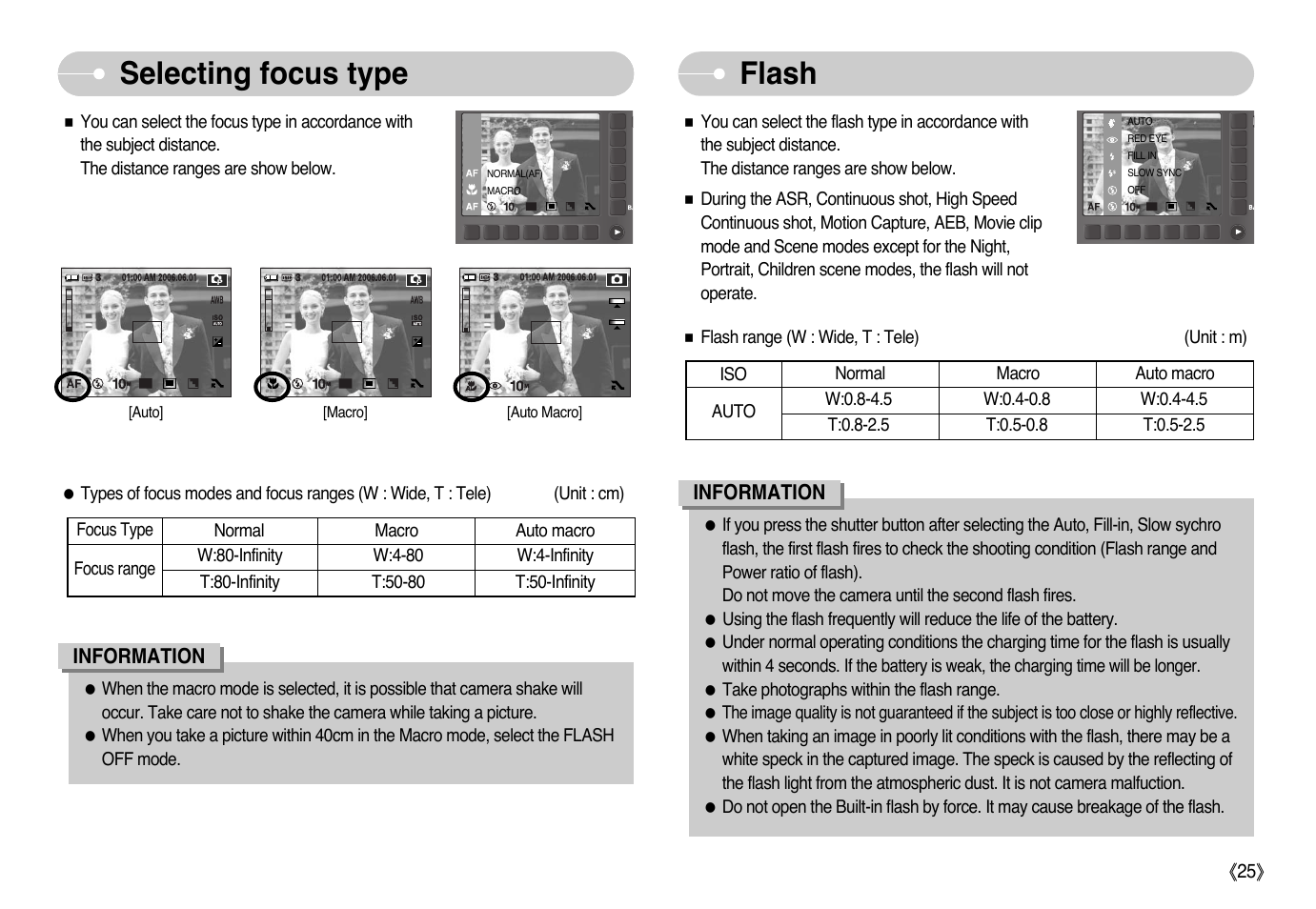 Selecting focus type, Flash | Samsung NV10 User Manual | Page 26 / 74