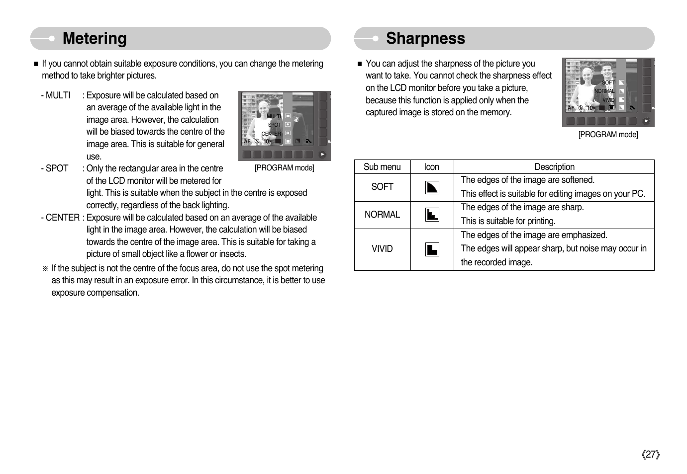 Metering, Sharpness | Samsung NV10 User Manual | Page 28 / 74