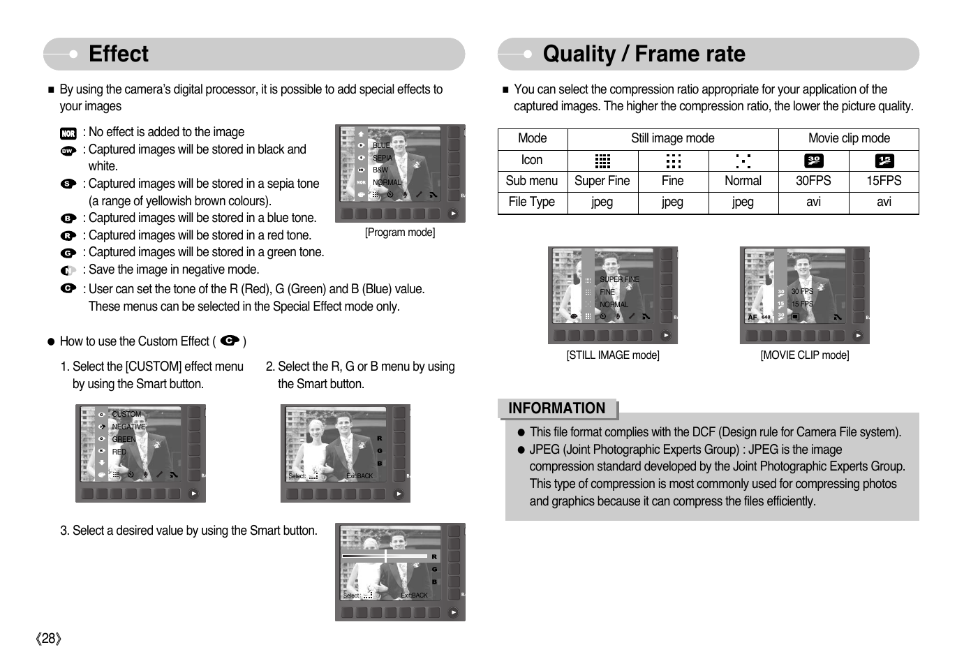 Effect, Quality / frame rate, Information | Samsung NV10 User Manual | Page 29 / 74