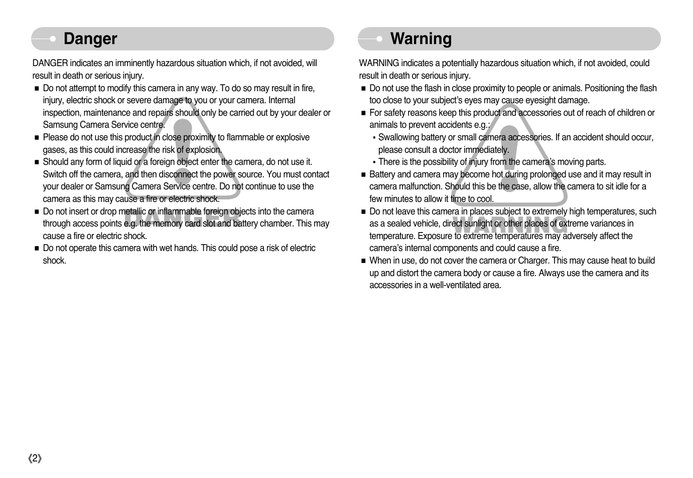 Danger warning | Samsung NV10 User Manual | Page 3 / 74