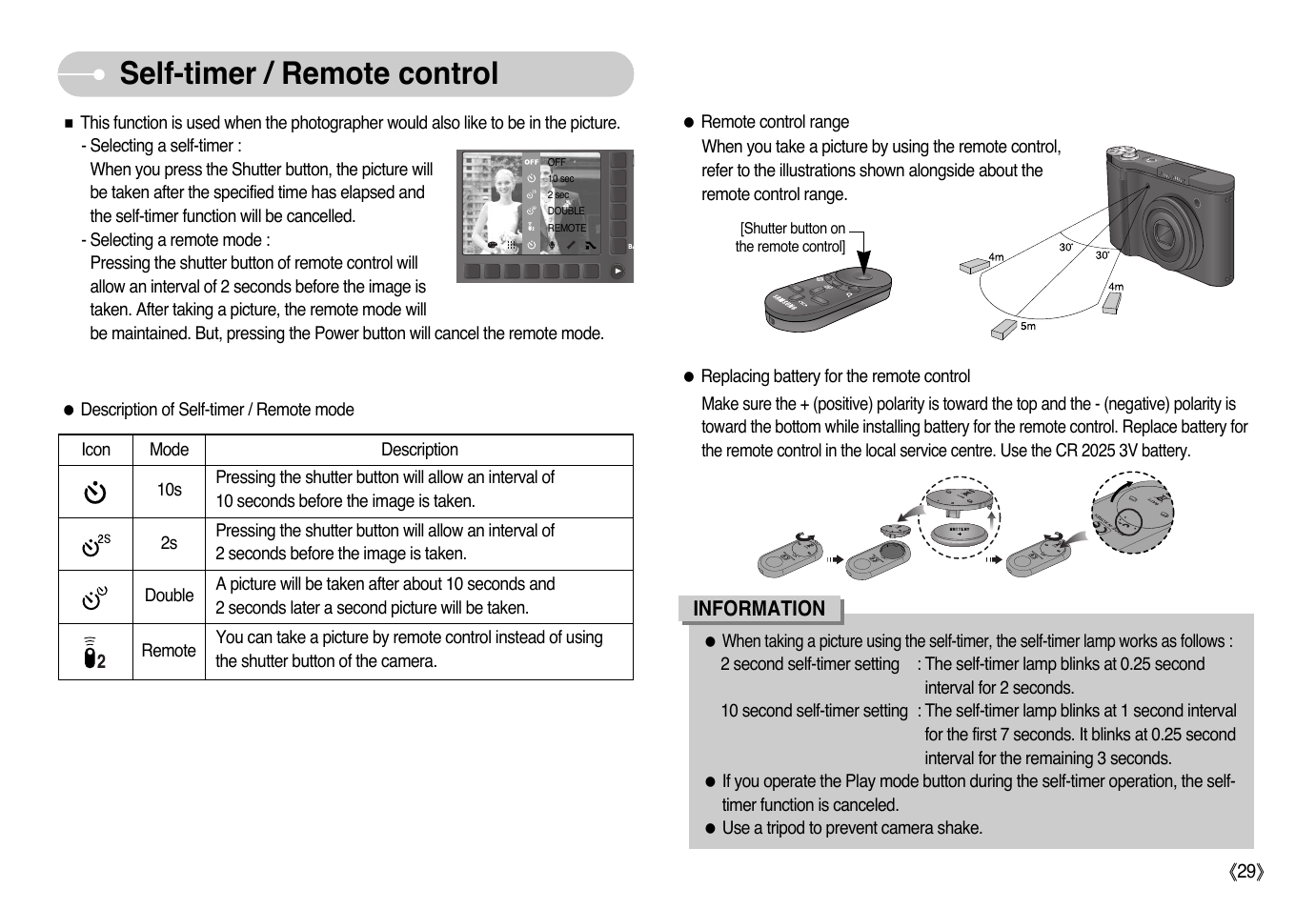 Self-timer / remote control | Samsung NV10 User Manual | Page 30 / 74