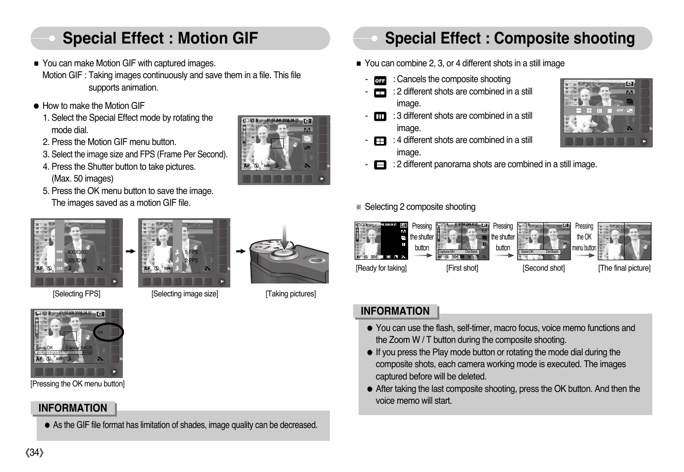 Special effect : motion gif, Special effect : composite shooting | Samsung NV10 User Manual | Page 35 / 74