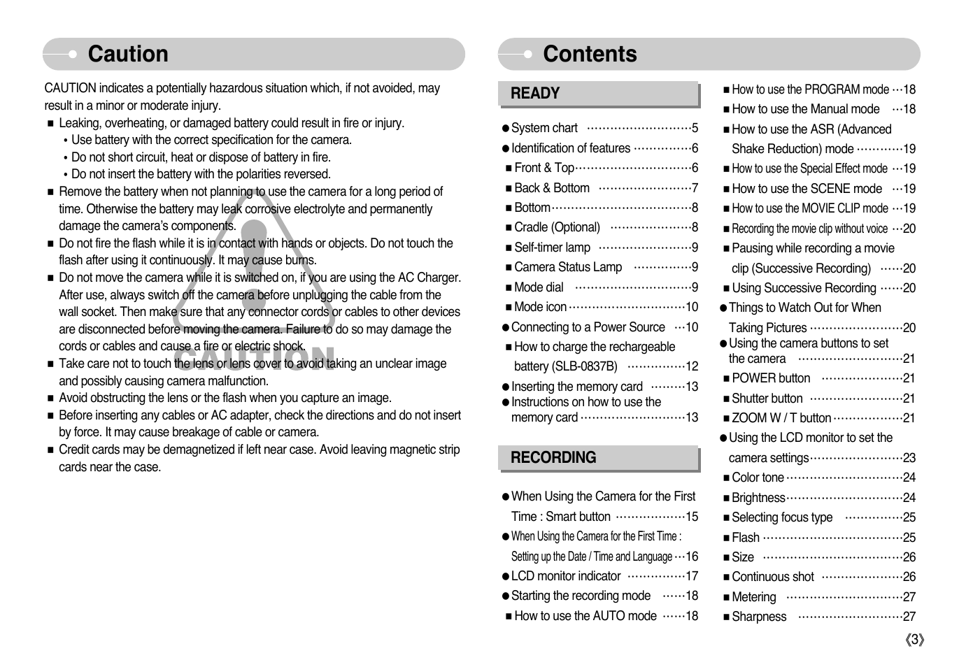 Contents caution | Samsung NV10 User Manual | Page 4 / 74