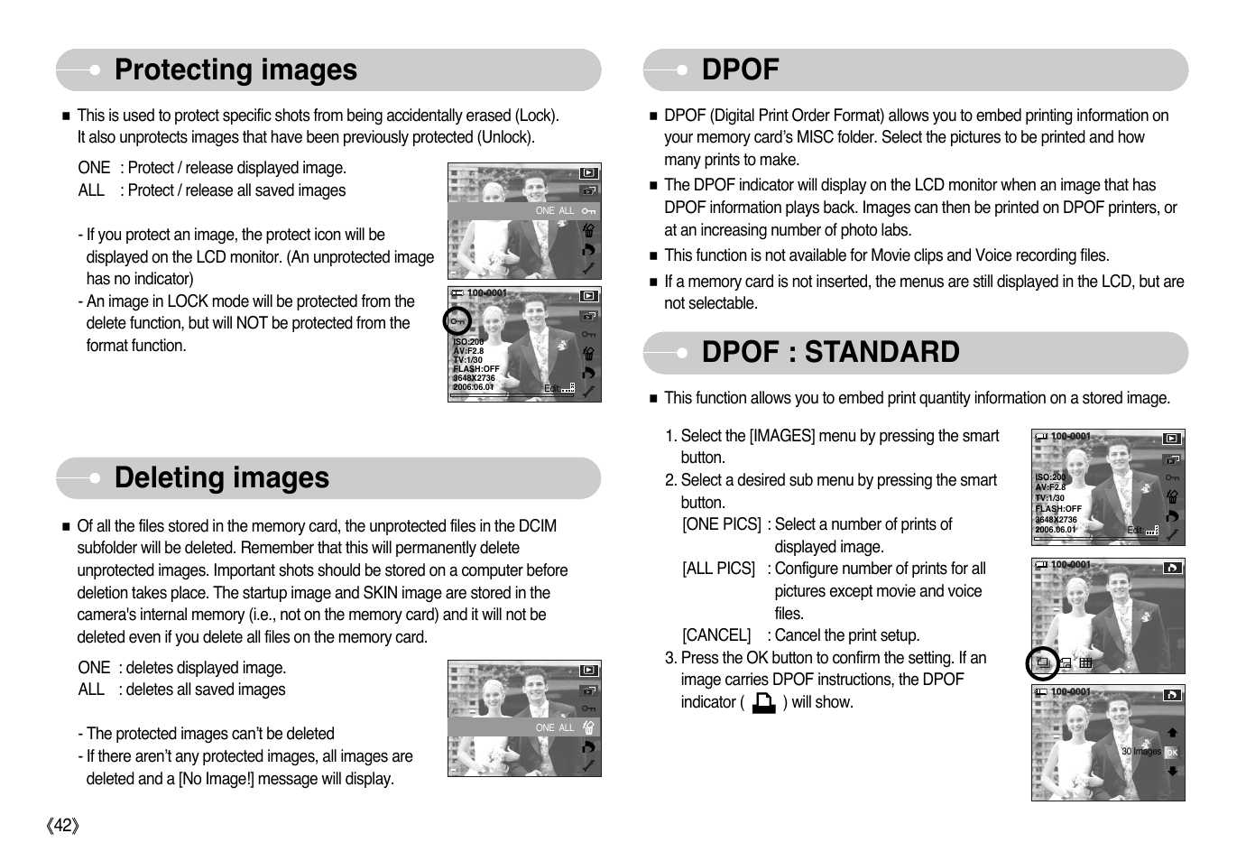 Dpof dpof : standard, Protecting images, Deleting images | Samsung NV10 User Manual | Page 43 / 74