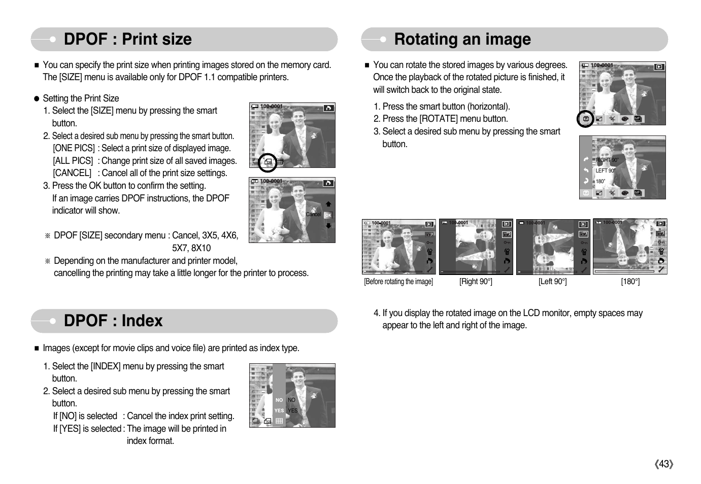 Dpof : print size, Dpof : index rotating an image | Samsung NV10 User Manual | Page 44 / 74