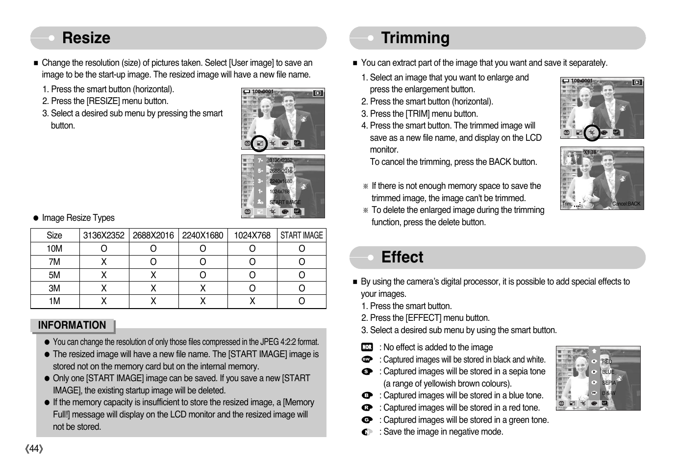 Resize, Effect, Trimming | Samsung NV10 User Manual | Page 45 / 74