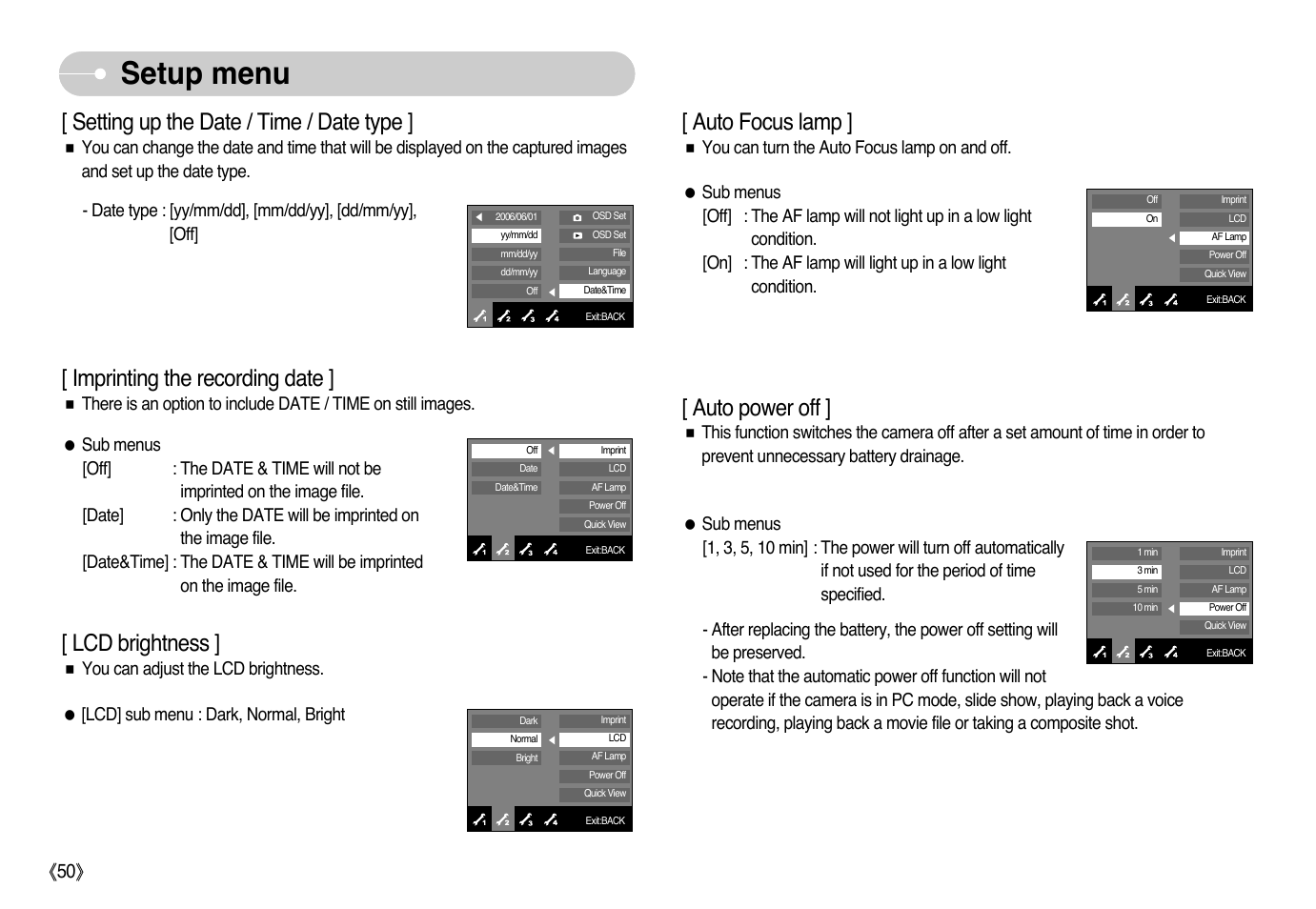 Setup menu, Setting up the date / time / date type, Imprinting the recording date | Lcd brightness, Auto focus lamp, Auto power off, Ŝ50ş | Samsung NV10 User Manual | Page 51 / 74