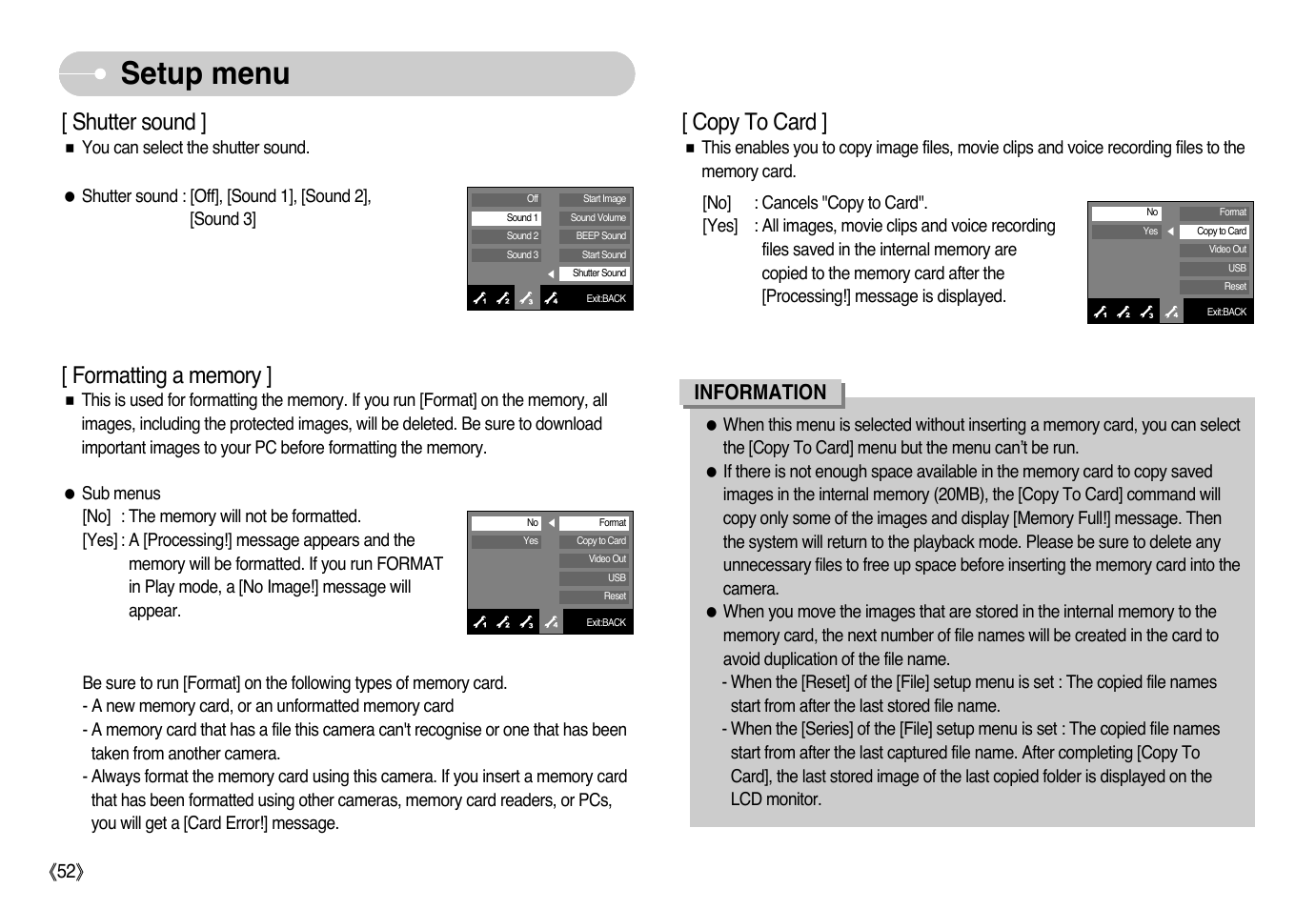 Setup menu, Shutter sound, Copy to card | Information | Samsung NV10 User Manual | Page 53 / 74