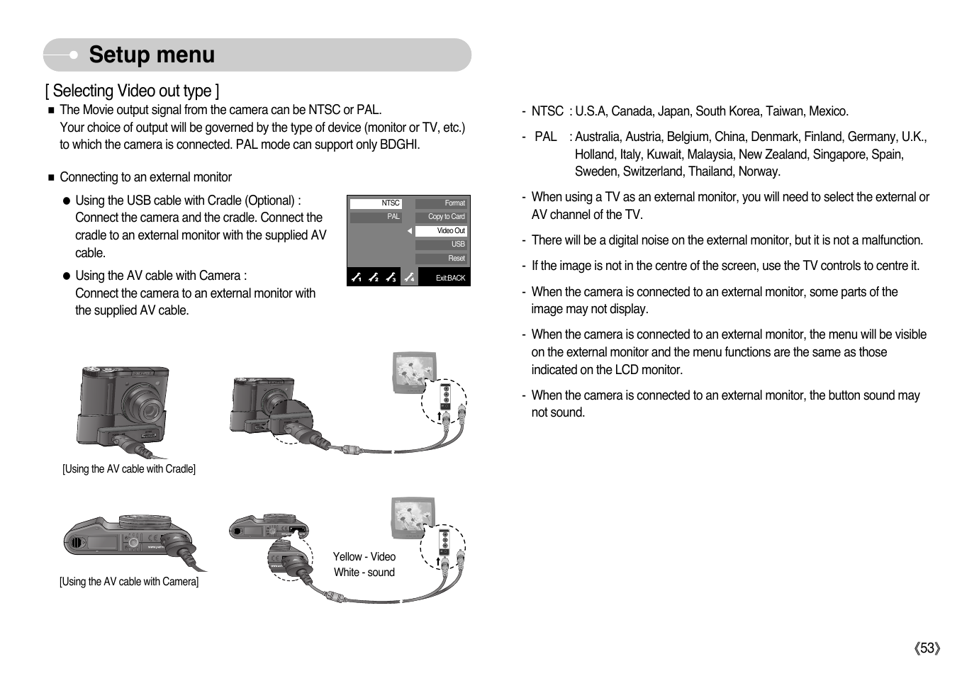 Setup menu, Selecting video out type | Samsung NV10 User Manual | Page 54 / 74