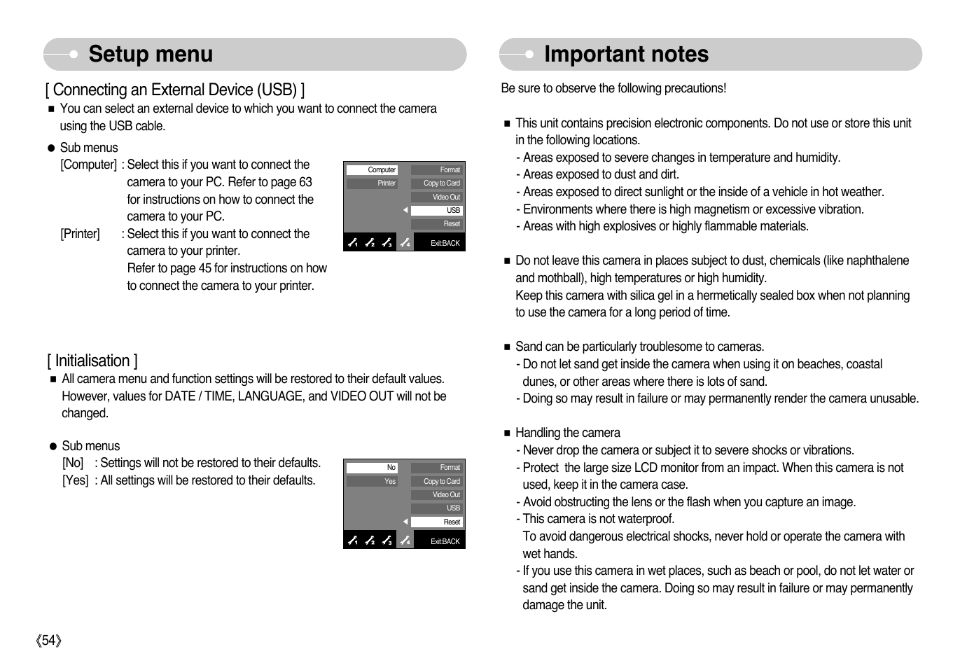 Setup menu, Connecting an external device (usb), Initialisation | Samsung NV10 User Manual | Page 55 / 74