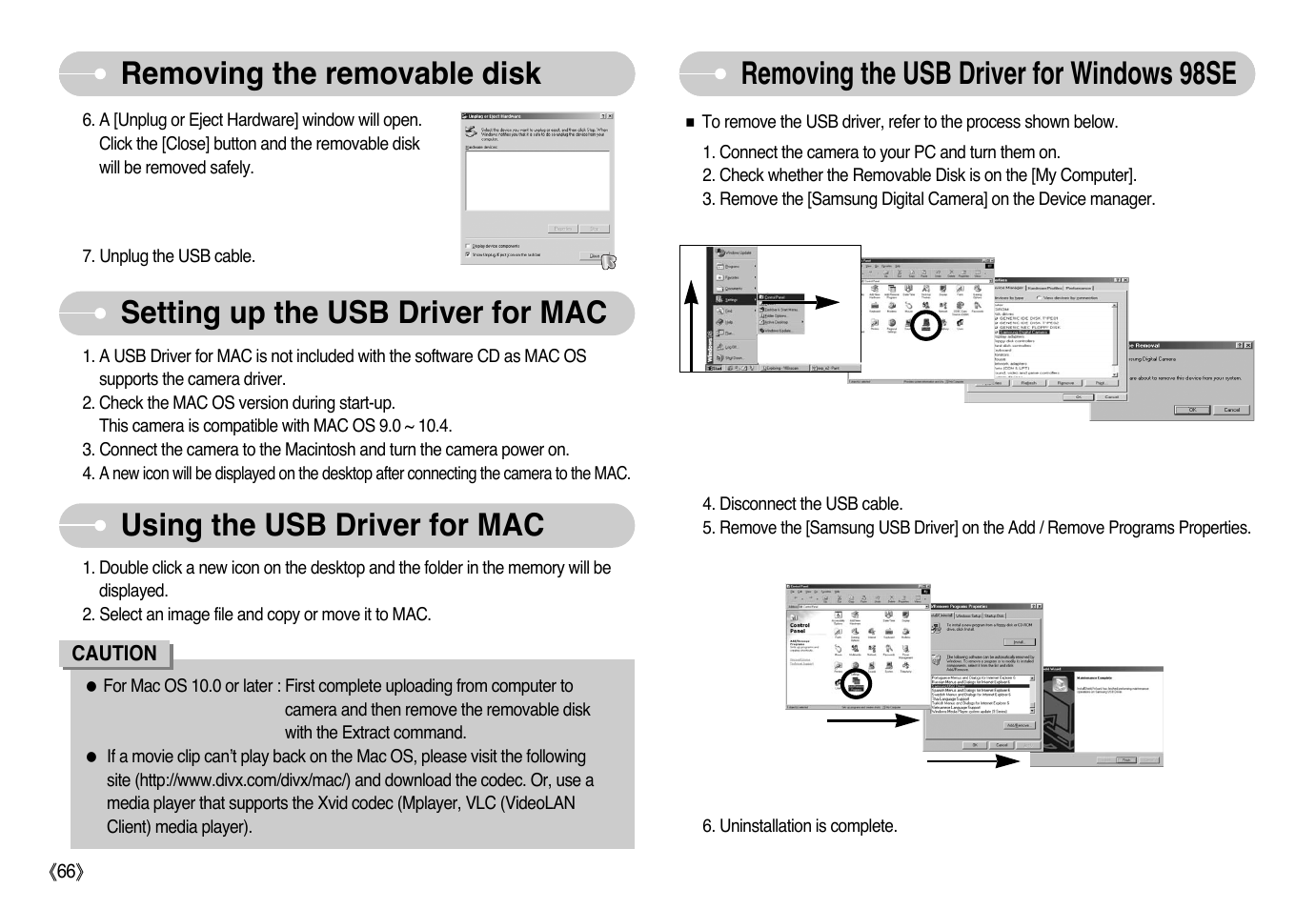 Removing the usb driver for windows 98se, Removing the removable disk | Samsung NV10 User Manual | Page 67 / 74