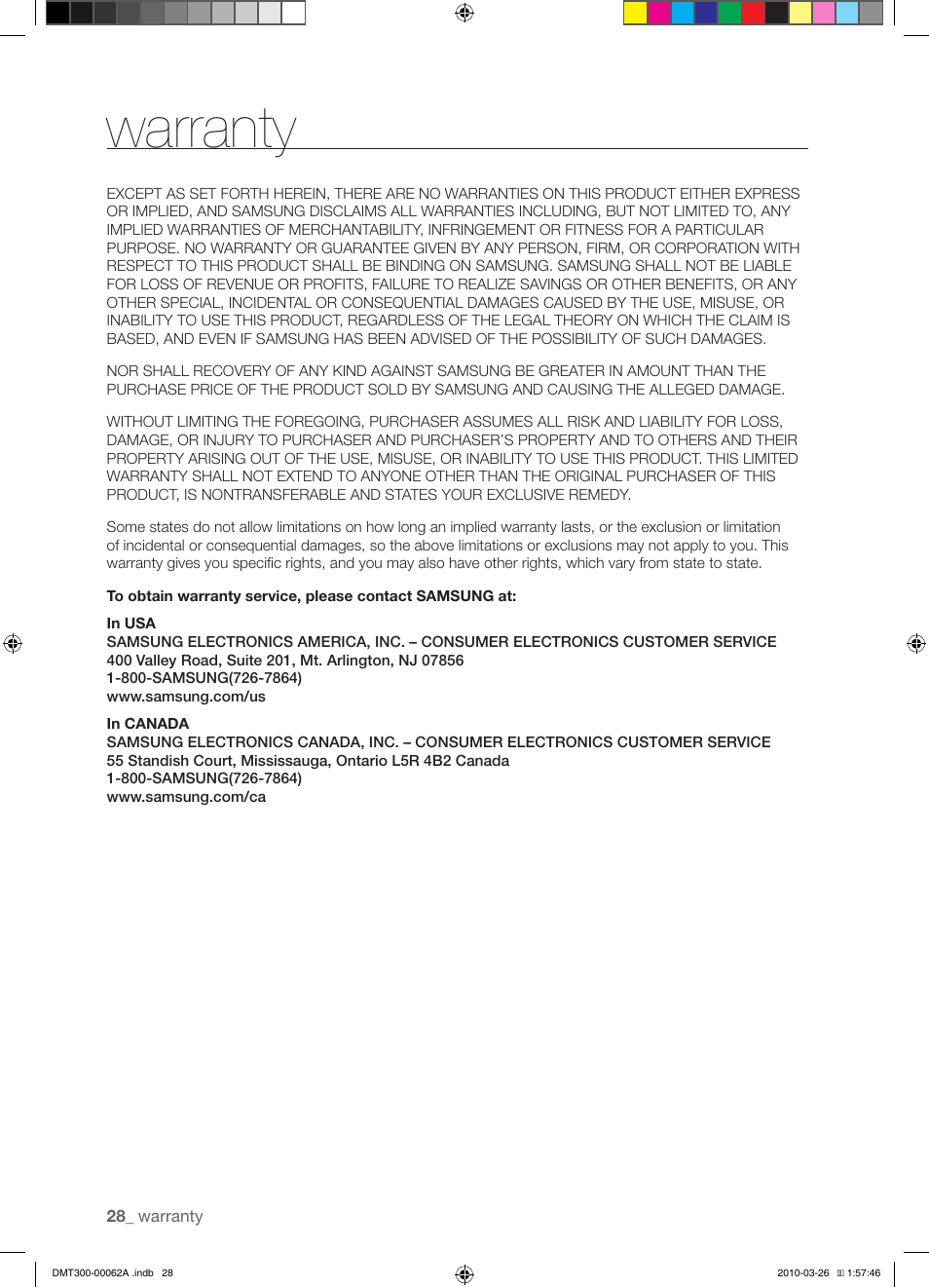 Warranty | Samsung DMR78AHB-XAA User Manual | Page 28 / 30