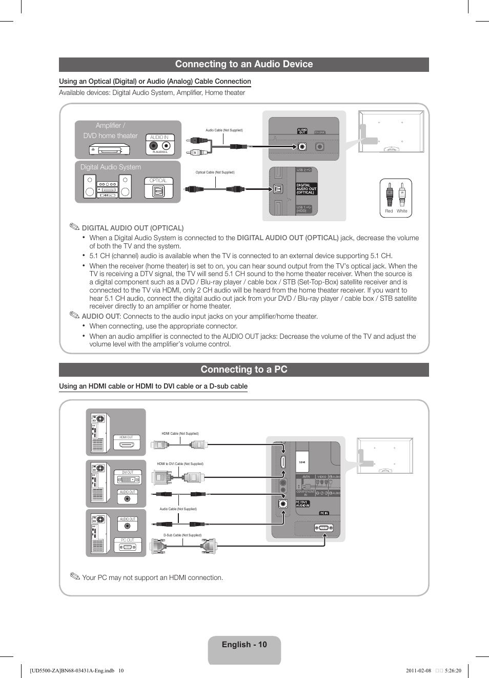 Connecting to an audio device, Connecting to a pc | Samsung UN32D5500RFXZA User Manual | Page 10 / 19