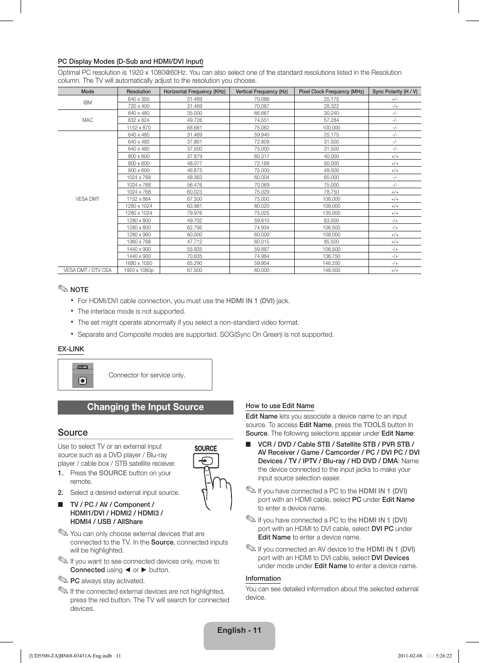 Changing the input source source | Samsung UN32D5500RFXZA User Manual | Page 11 / 19