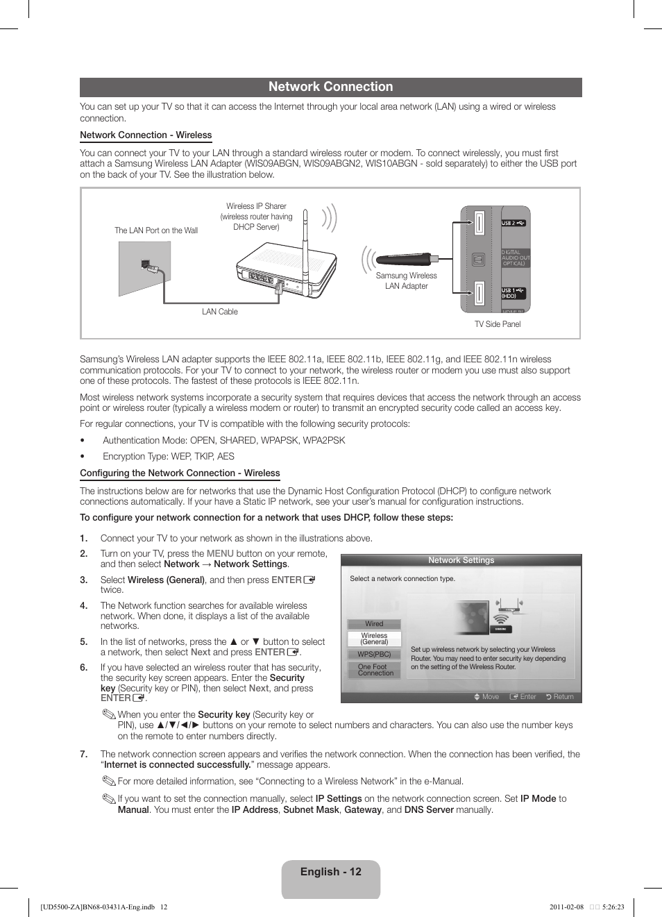 Network connection | Samsung UN32D5500RFXZA User Manual | Page 12 / 19