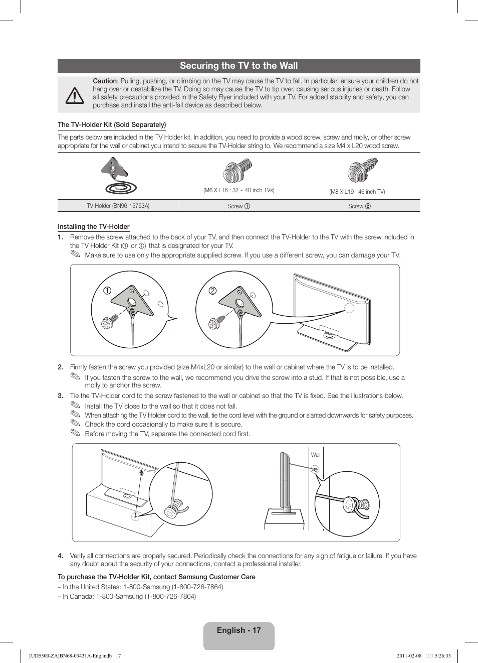 Securing the tv to the wall | Samsung UN32D5500RFXZA User Manual | Page 17 / 19