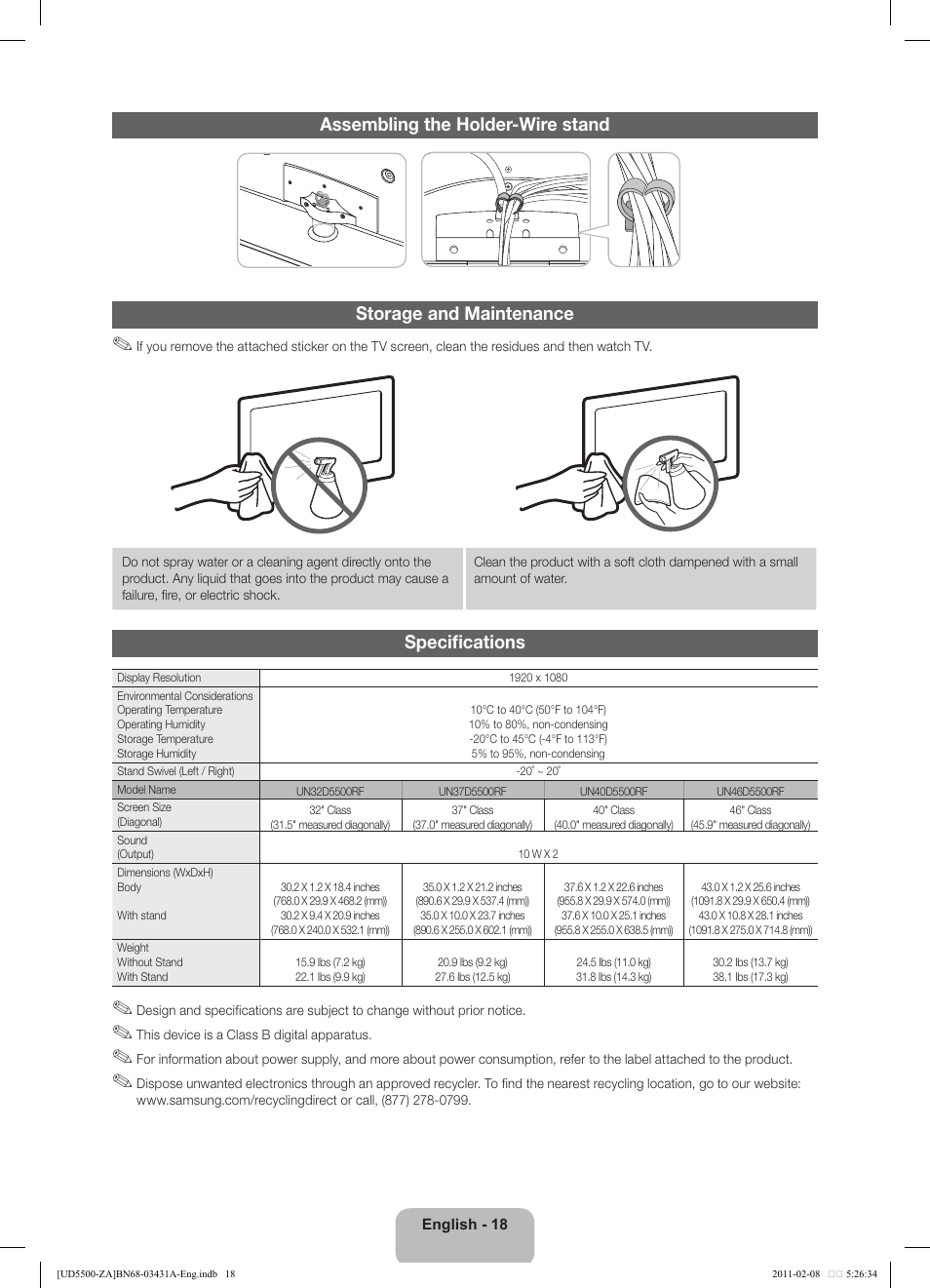 Specifications | Samsung UN32D5500RFXZA User Manual | Page 18 / 19