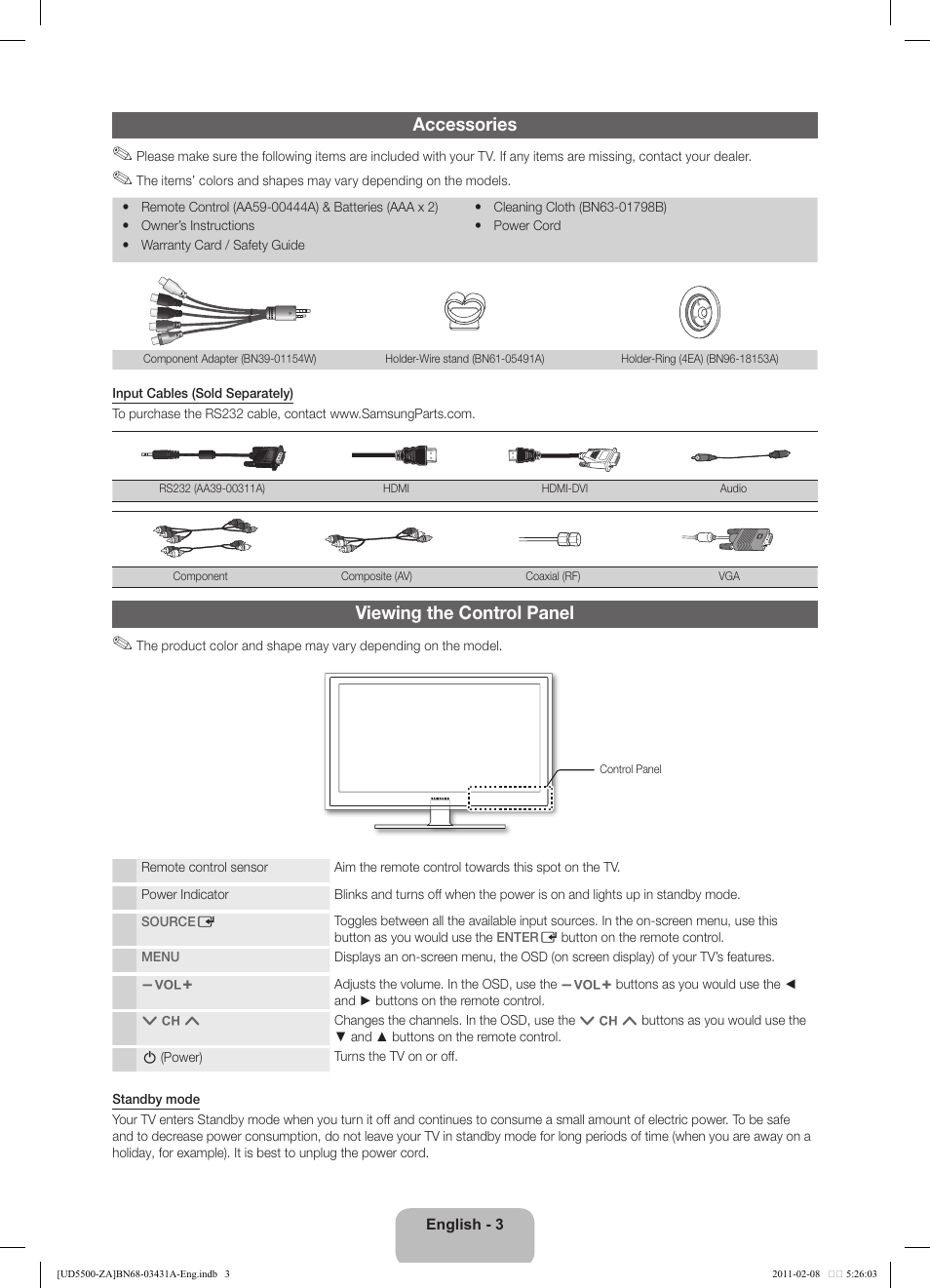 Accessories, Viewing the control panel | Samsung UN32D5500RFXZA User Manual | Page 3 / 19