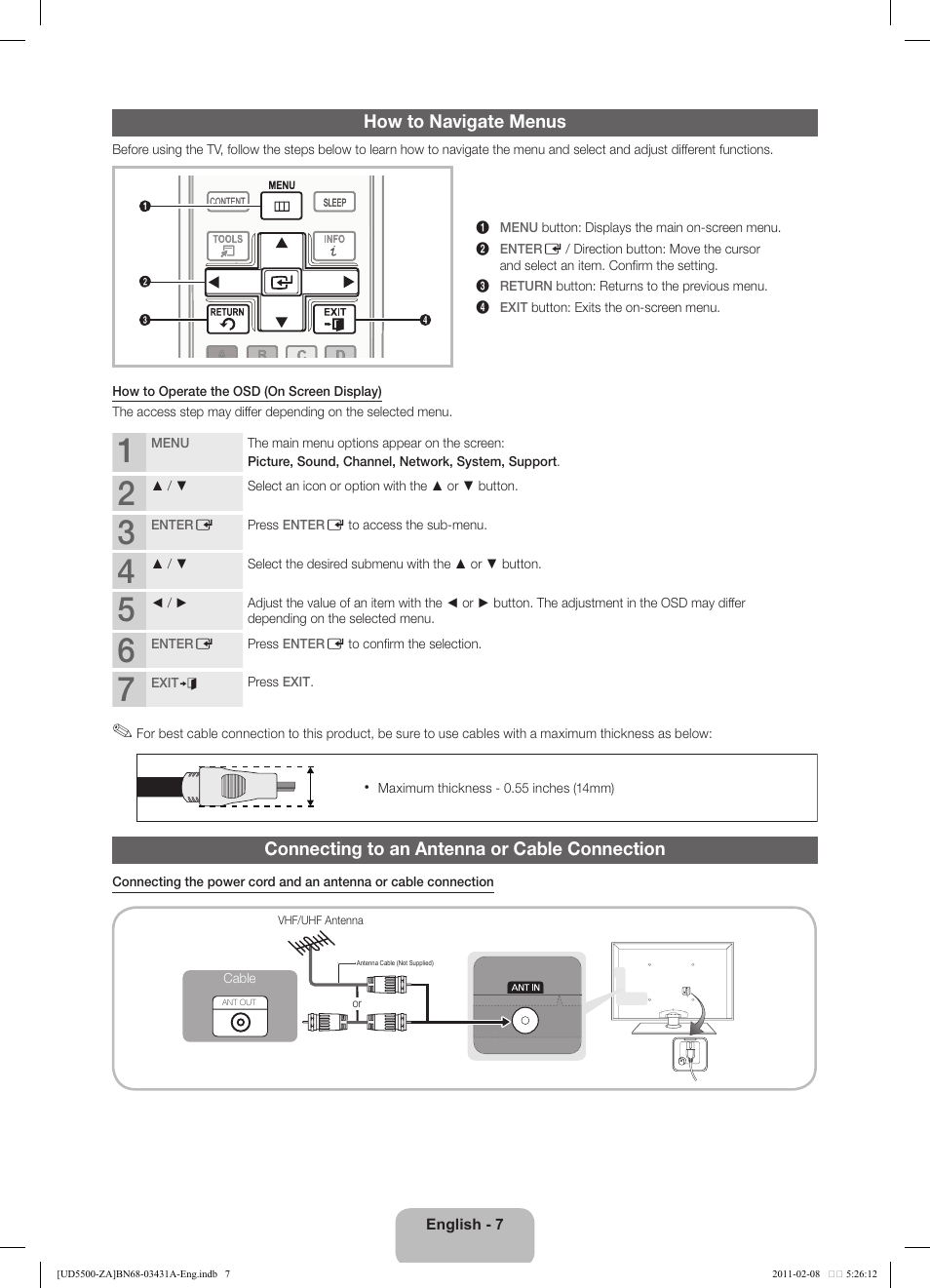 How to navigate menus, Connecting to an antenna or cable connection | Samsung UN32D5500RFXZA User Manual | Page 7 / 19