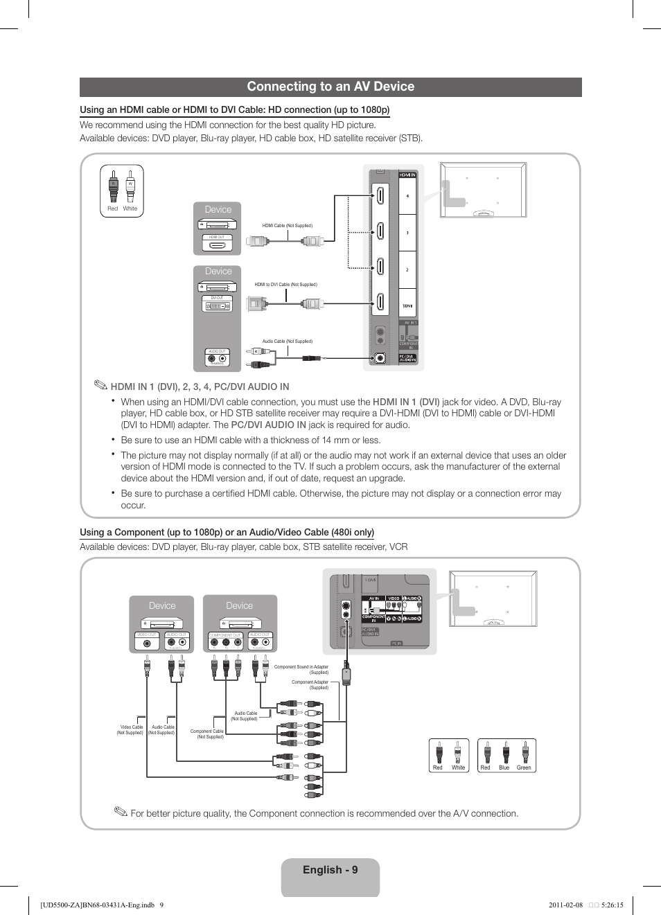 Connecting to an av device, English - 9, Hdmi in 1 (dvi), 2, 3, 4, pc/dvi audio in | Device | Samsung UN32D5500RFXZA User Manual | Page 9 / 19