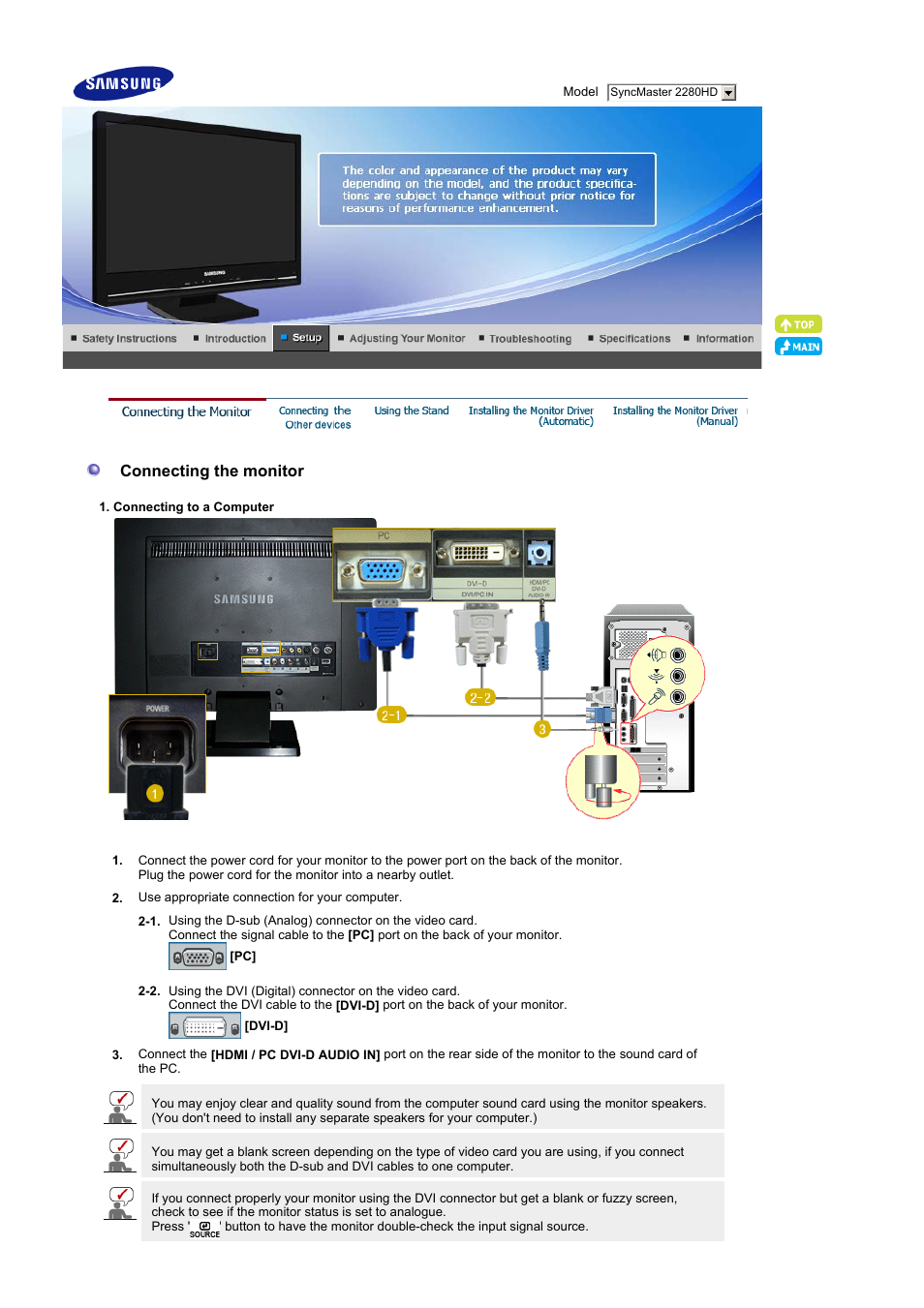 Connecting, Connecting the monitor | Samsung LS22CRNSF-XAA User Manual | Page 21 / 61