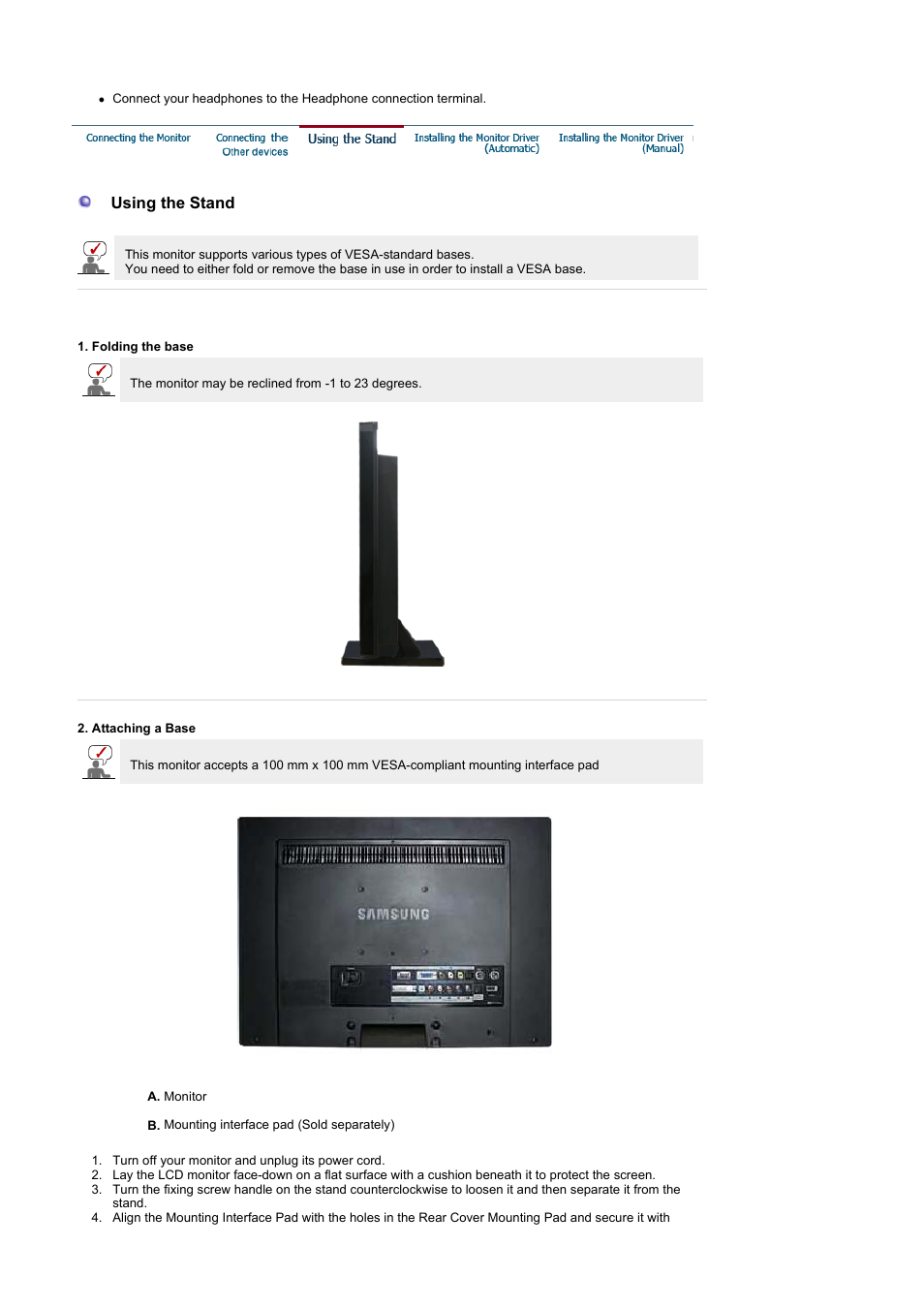 Using the stand | Samsung LS22CRNSF-XAA User Manual | Page 28 / 61