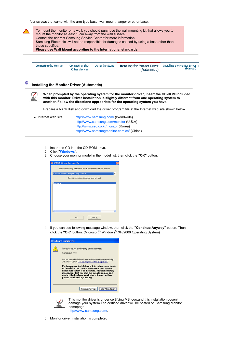 Installing the monitor driver (automatic) | Samsung LS22CRNSF-XAA User Manual | Page 29 / 61