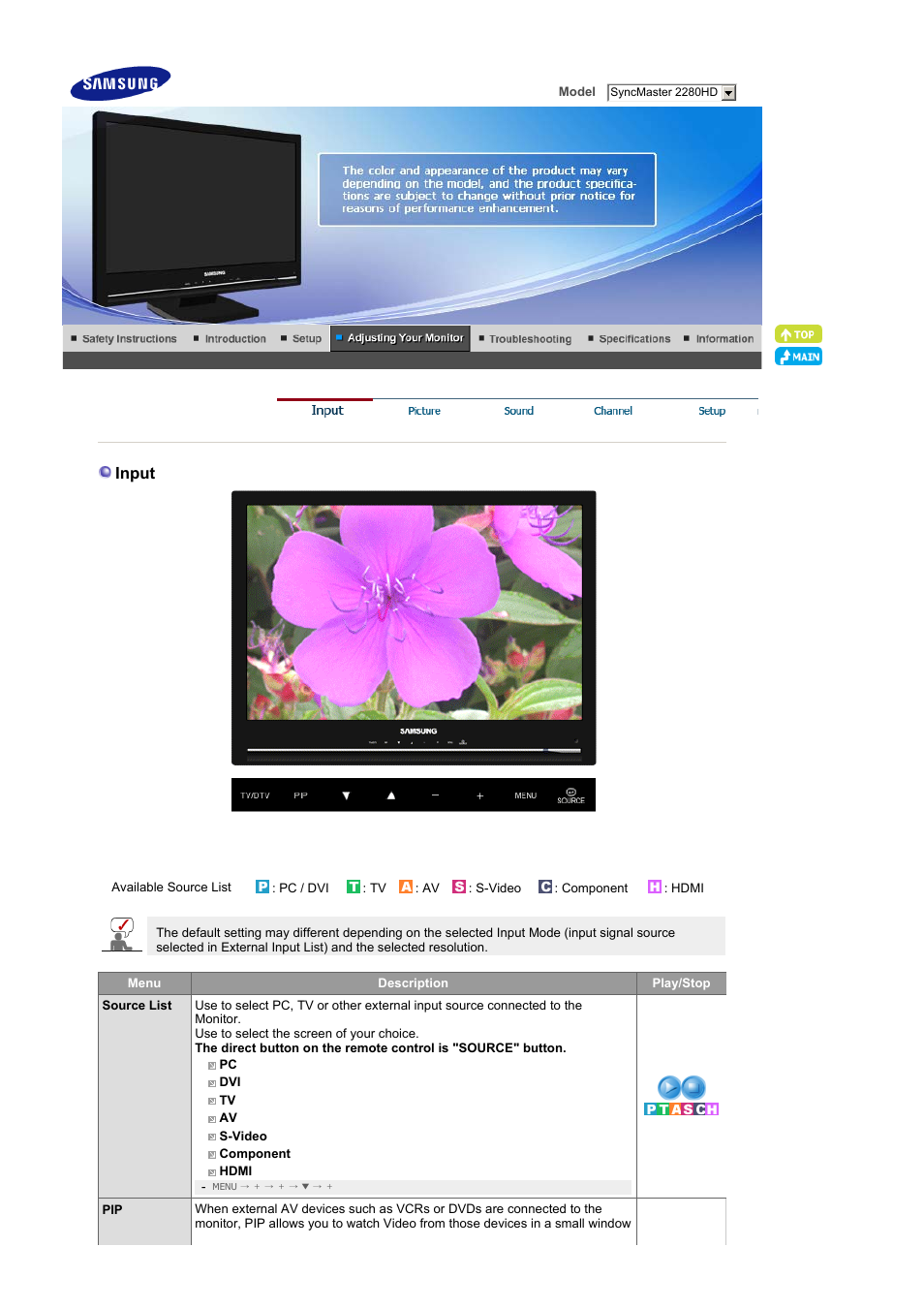 Adjusting your monitor, Input | Samsung LS22CRNSF-XAA User Manual | Page 36 / 61