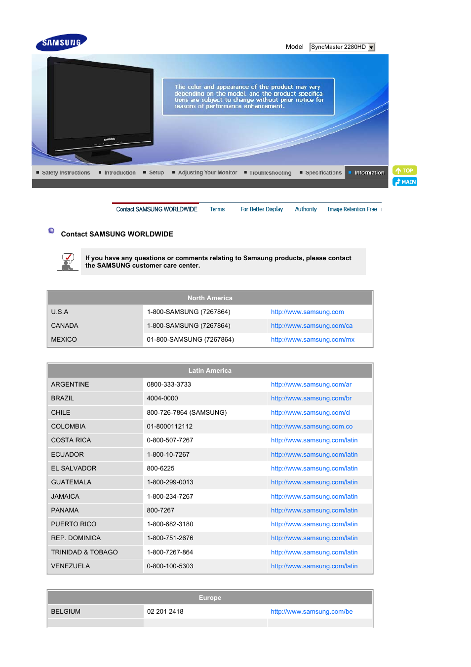 Contact samsung worldwide | Samsung LS22CRNSF-XAA User Manual | Page 54 / 61