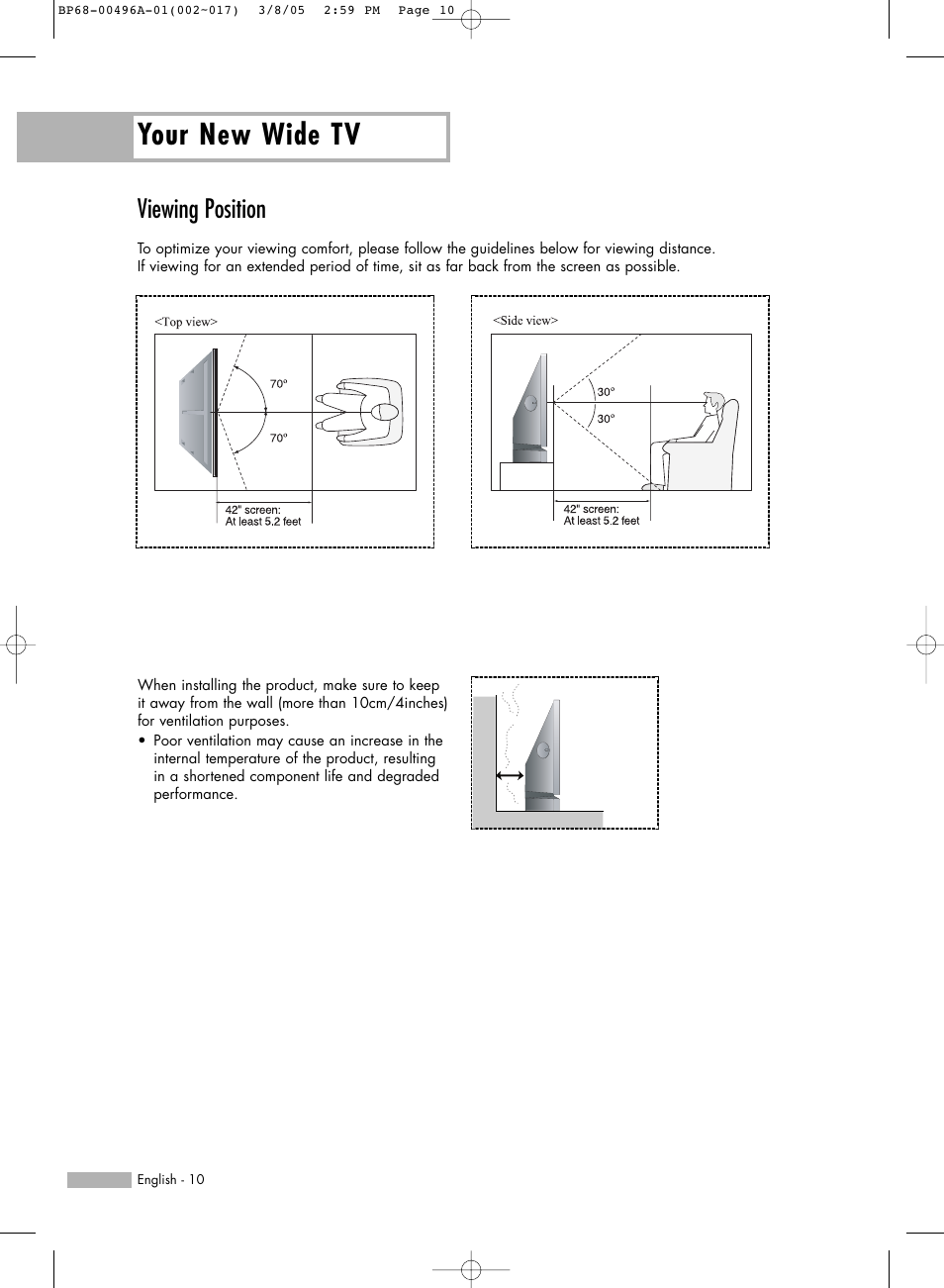 Your new wide tv, Viewing position | Samsung HLR4266WX-XAA User Manual | Page 10 / 108