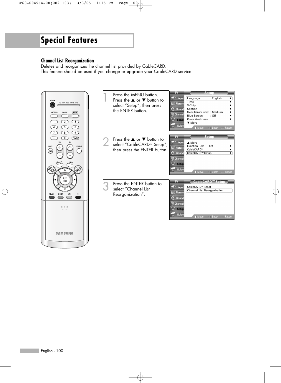 Special features, Channel list reorganization | Samsung HLR4266WX-XAA User Manual | Page 100 / 108