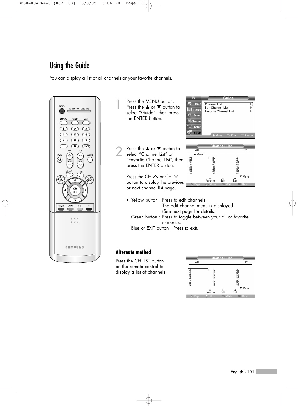 Using the guide, Alternate method | Samsung HLR4266WX-XAA User Manual | Page 101 / 108