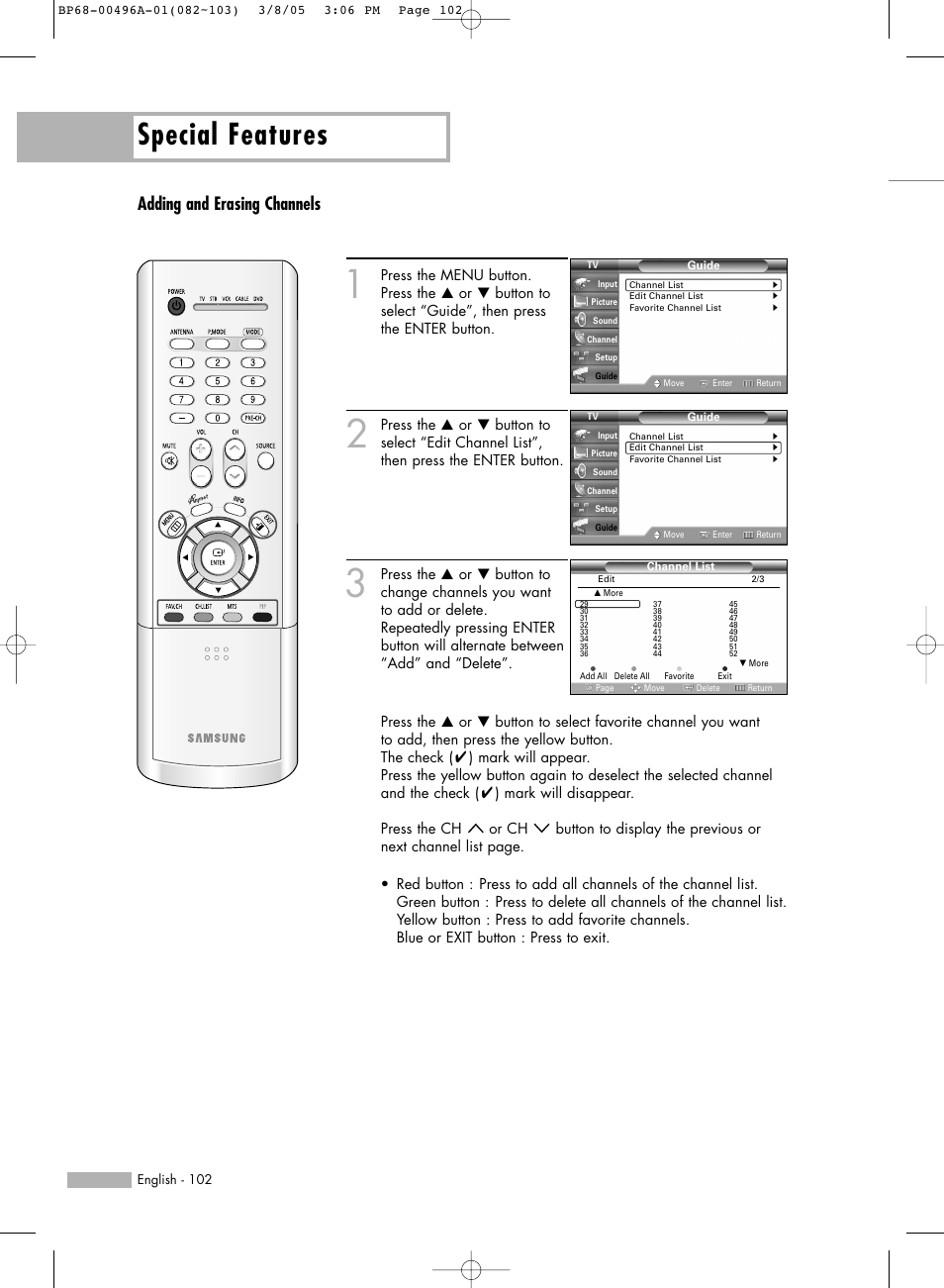 Special features, Adding and erasing channels | Samsung HLR4266WX-XAA User Manual | Page 102 / 108