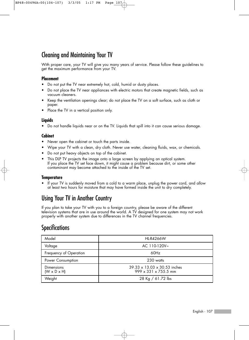 Cleaning and maintaining your tv, Using your tv in another country, Specifications | Samsung HLR4266WX-XAA User Manual | Page 107 / 108
