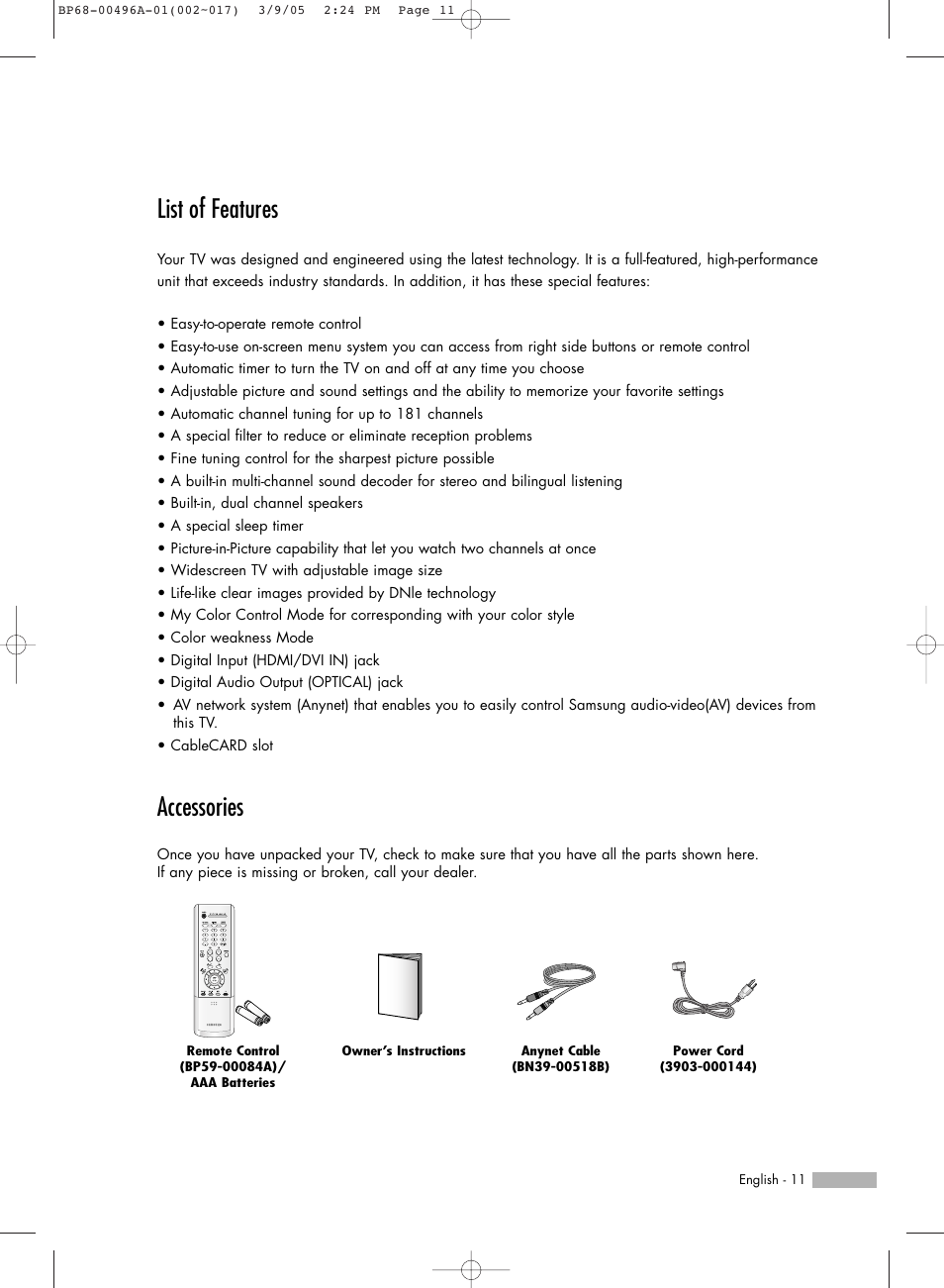 List of features, Accessories | Samsung HLR4266WX-XAA User Manual | Page 11 / 108