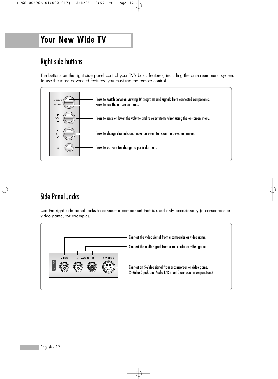 Right side buttons, Side panel jacks, Your new wide tv | Samsung HLR4266WX-XAA User Manual | Page 12 / 108