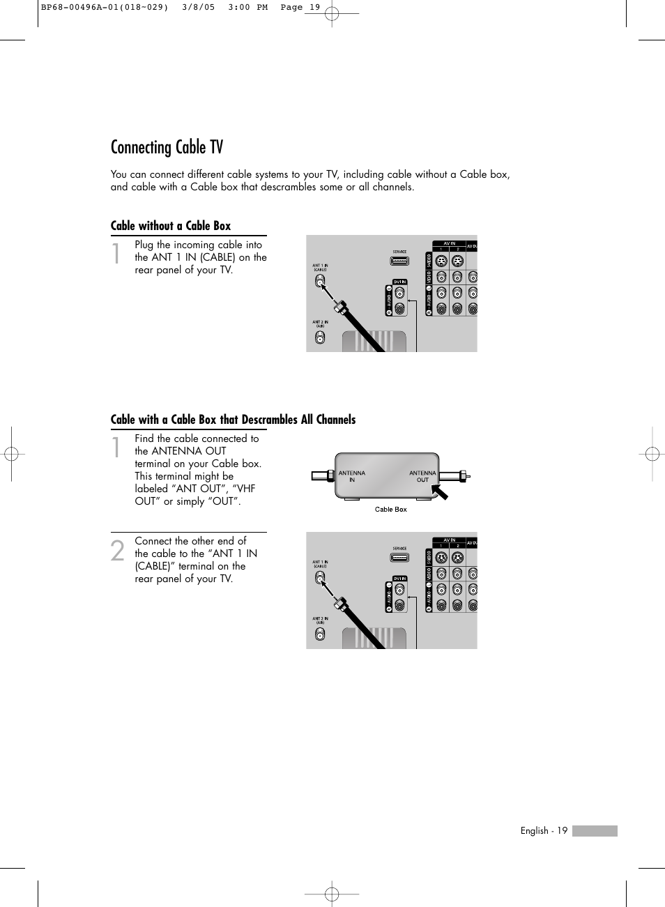 Connecting cable tv, Cable without a cable box | Samsung HLR4266WX-XAA User Manual | Page 19 / 108