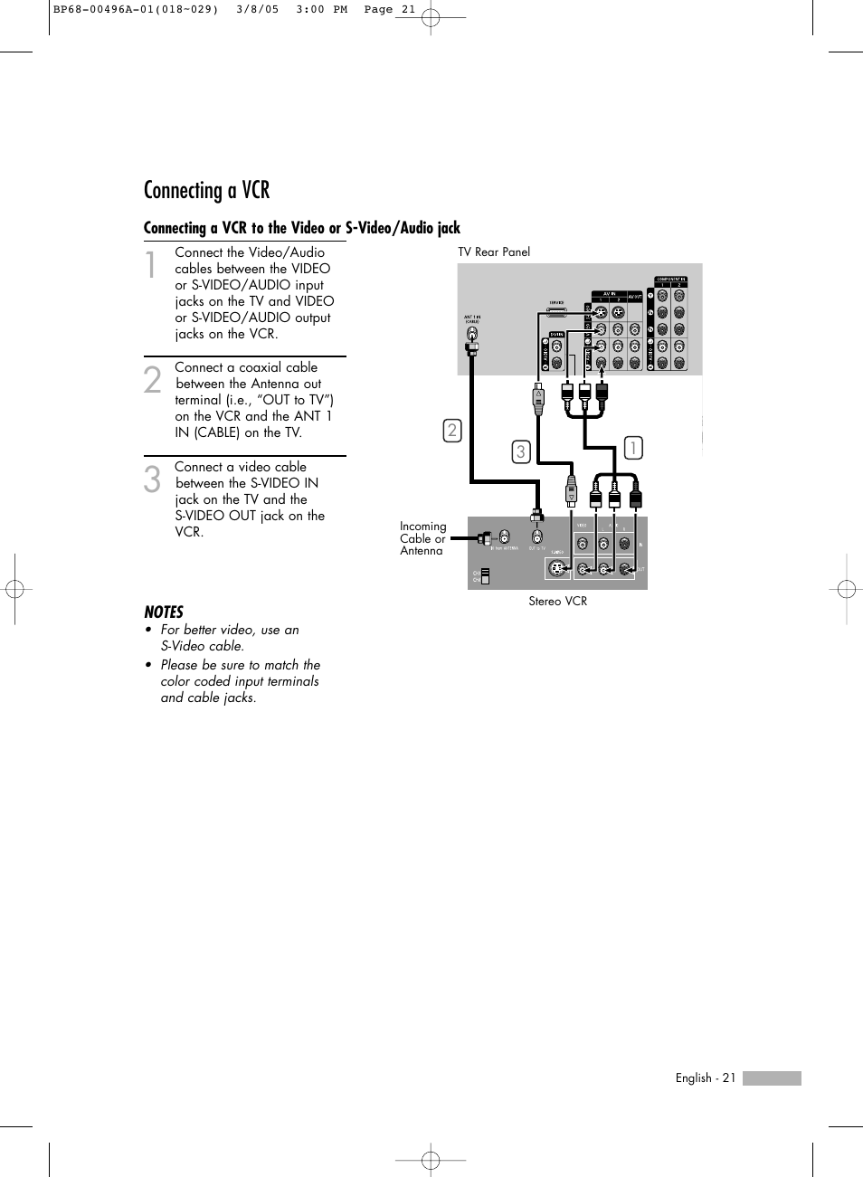 Connecting a vcr | Samsung HLR4266WX-XAA User Manual | Page 21 / 108