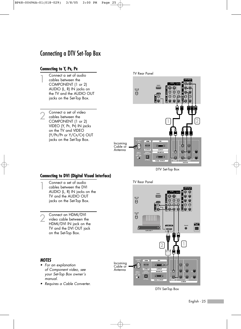 Connecting a dtv set-top box, Connecting to y, pb, pr, Connecting to dvi (digital visual interface) | Samsung HLR4266WX-XAA User Manual | Page 25 / 108