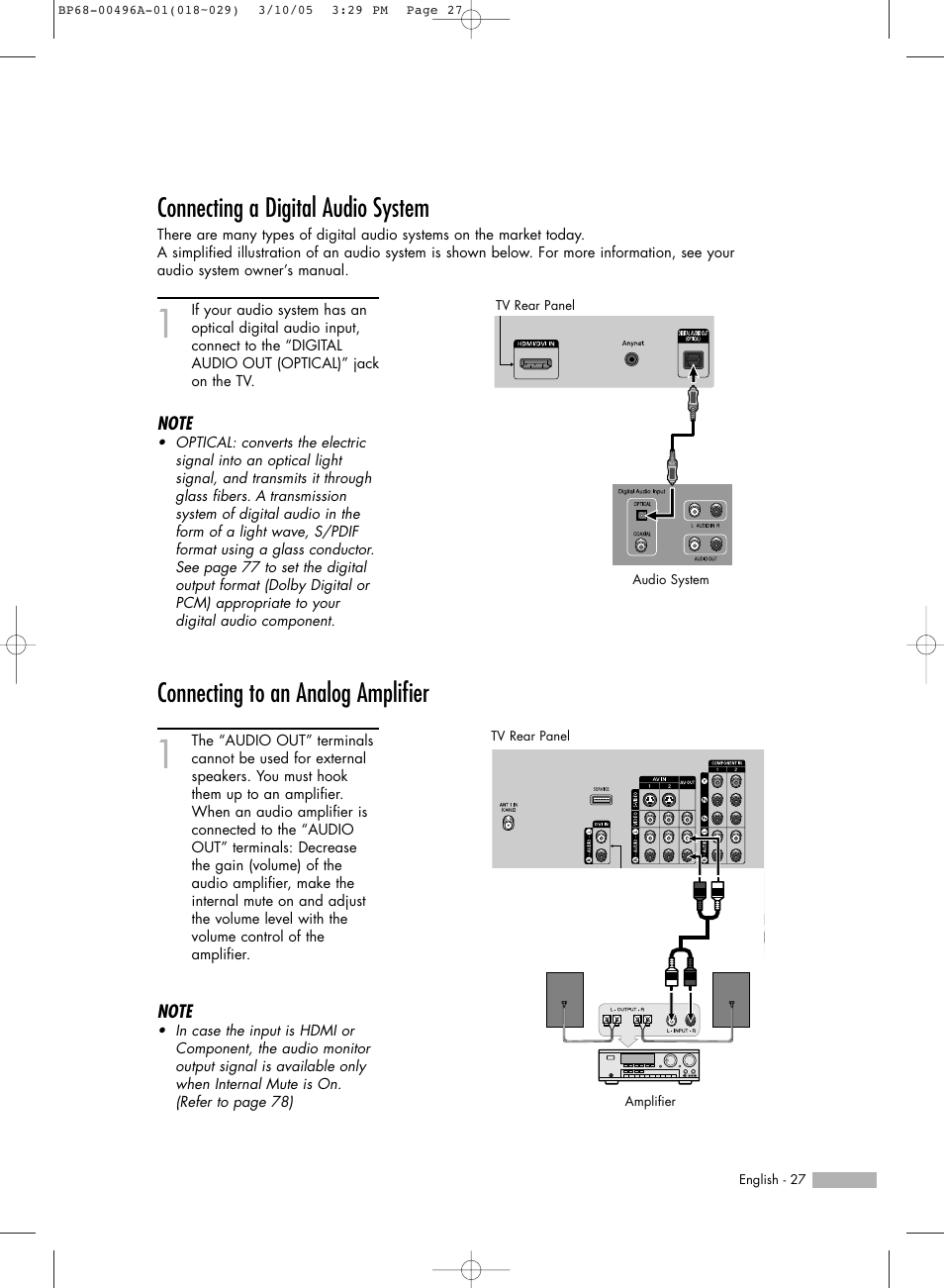 Connecting a digital audio system, Connecting to an analog amplifier | Samsung HLR4266WX-XAA User Manual | Page 27 / 108