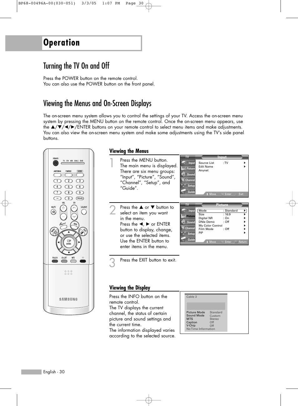 Turning the tv on and off, Viewing the menus and on-screen displays, Operation | Viewing the menus, Viewing the display | Samsung HLR4266WX-XAA User Manual | Page 30 / 108