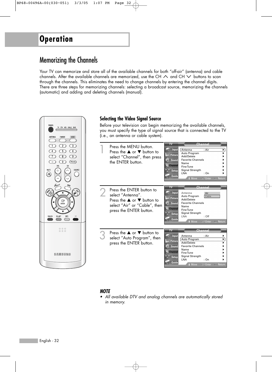 Memorizing the channels, Operation, Selecting the video signal source | Samsung HLR4266WX-XAA User Manual | Page 32 / 108
