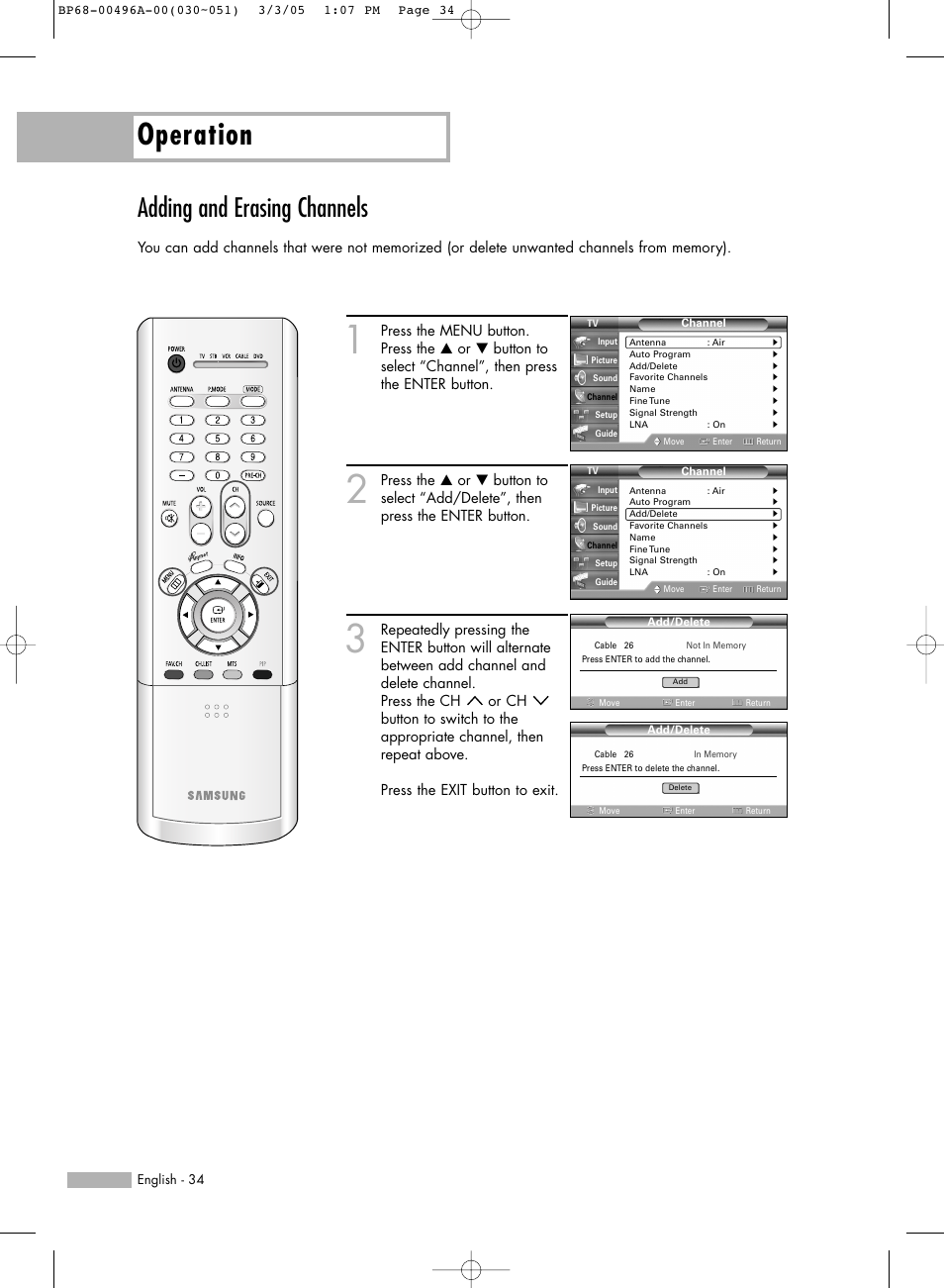 Adding and erasing channels, Operation | Samsung HLR4266WX-XAA User Manual | Page 34 / 108