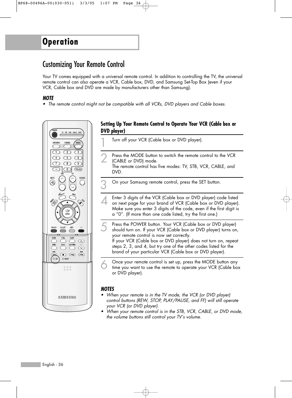Customizing your remote control, Operation | Samsung HLR4266WX-XAA User Manual | Page 36 / 108
